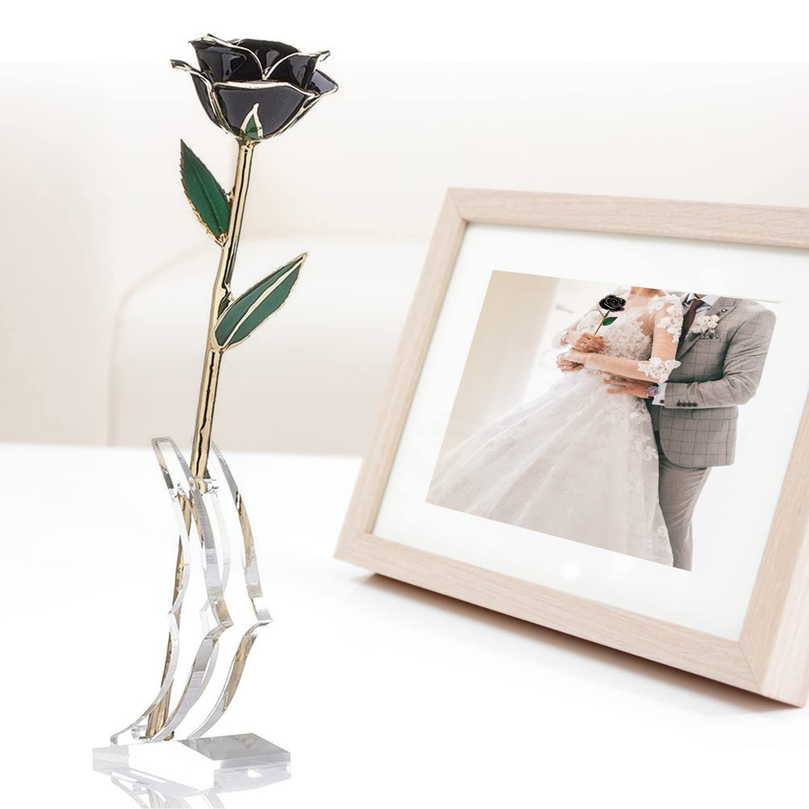 Fiore di Rosa Dorato 24K Splendido Regalo con Base in Resina Proteica Nera per Il Compleanno della Festa della Mamma
