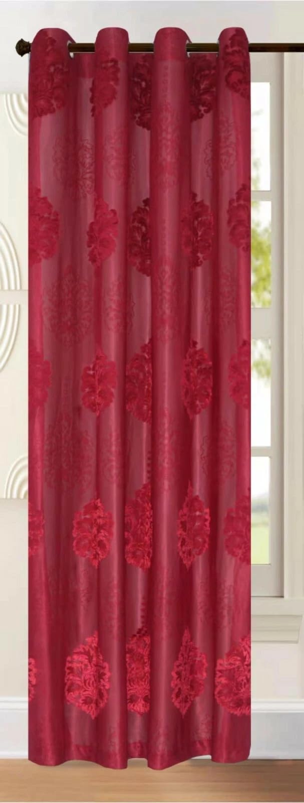 Householdfurnishing Eyelet Ring Top Voile Net Curtain Flock Velvet Damask Single Panel (Red, 55 x 54)