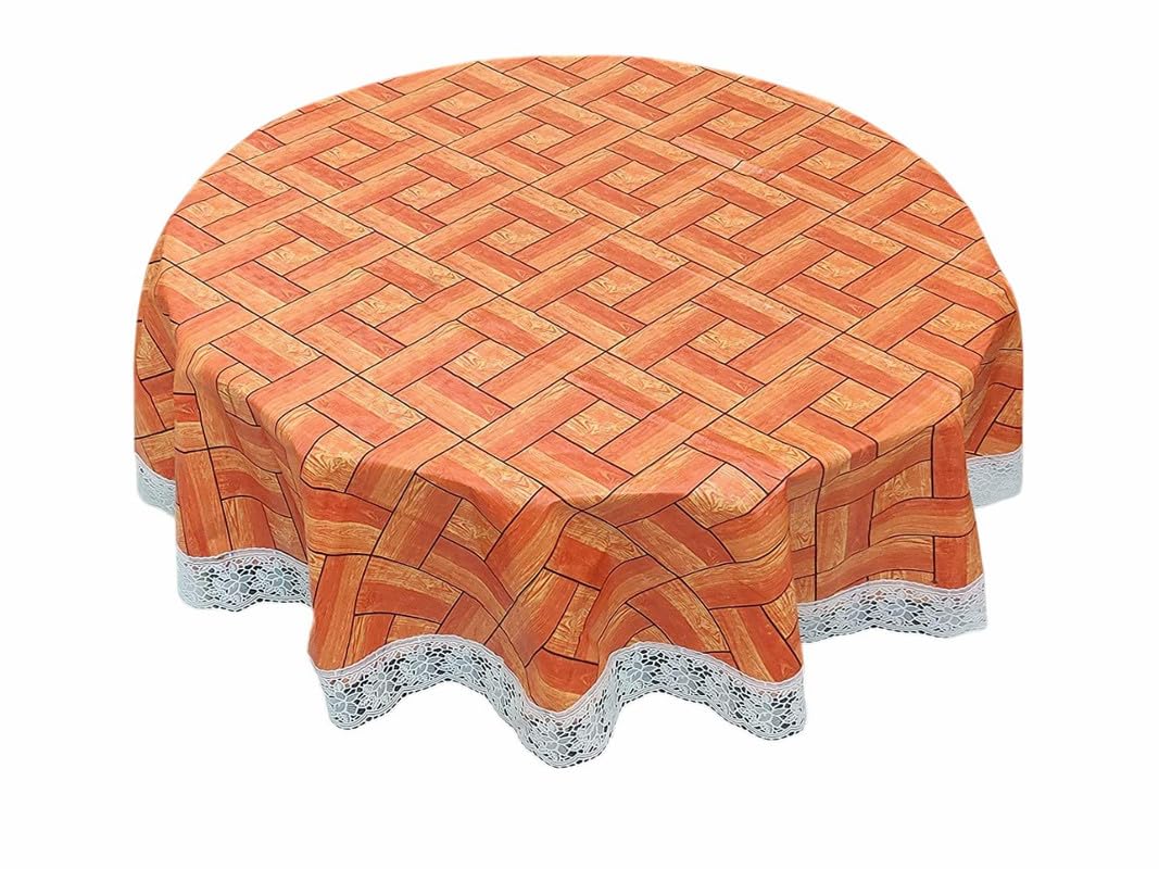 Center & Dining Table Cover Orange Color Wood Printed Table Cloth with White Lace - Waterpoof & Dustproof Round Shape Table Cloth (40" Round)-Table Cloth Orange 3-image-7