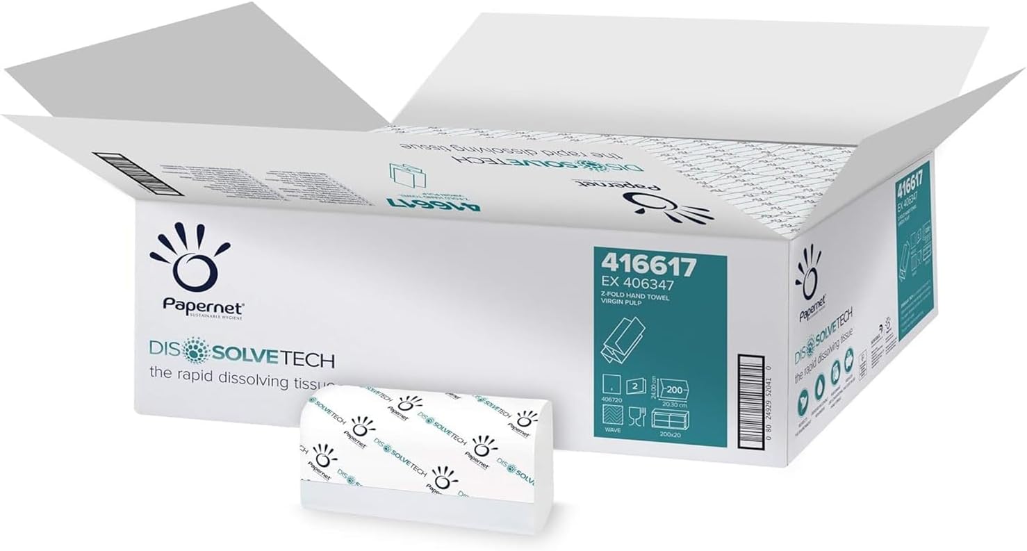 Papernet Dissolve Tech - Interleaved Z-Folded Towel 416617 - with Dissolve Tech Technology, Two Plies, 20 Packs of 200 per Clip, Size 24x20,3cm, Folded Size 20,3x8cm