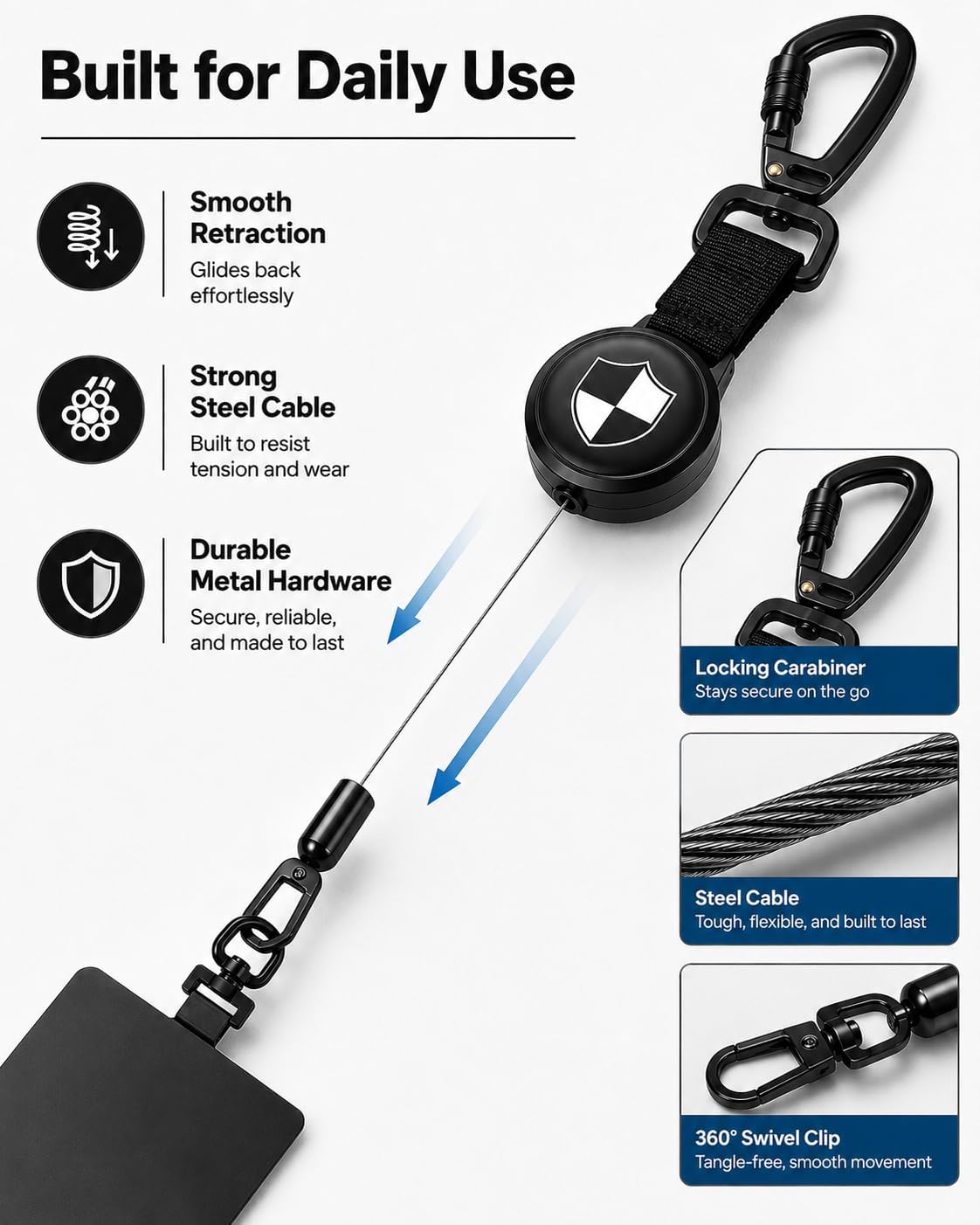 Retractable Anti Theft Phone Lanyard: Universal Pickpocket Proof Cell Phone Strap with Metal 360° Tether Tab Lock Carabiner Keychain & Adjustable Steel Cable for Outdoor Travel Hiking Climbing Fishing