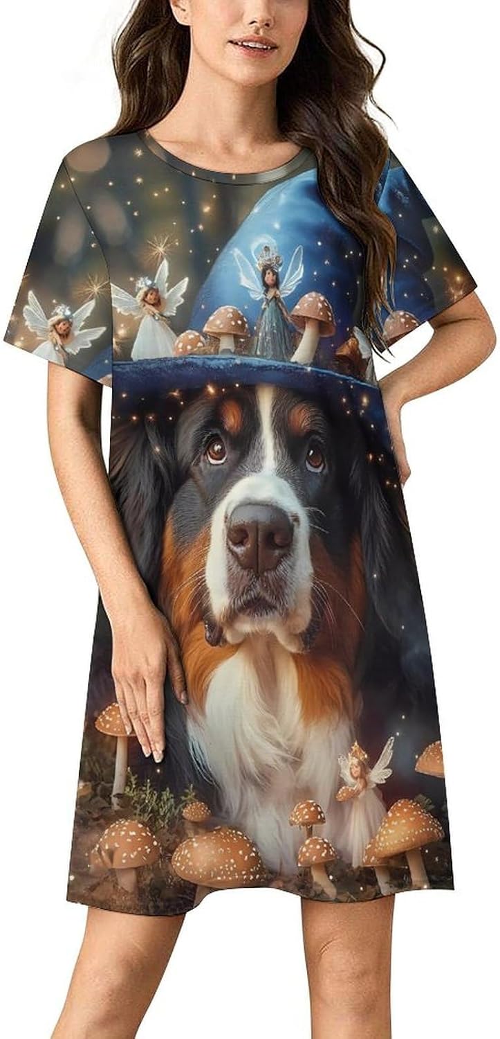 Bernese Dog In A Fairy Forests Womens Nightgown Short Sleeve Sleepshirts Loungewear