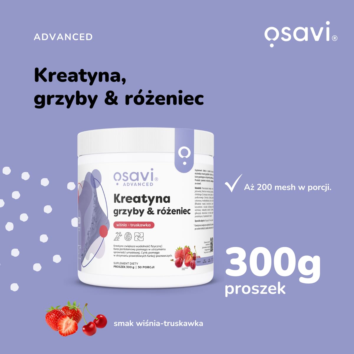Osavi Kreatyna, Grzyby i Różeniec | Z 5 g kreatyny, 3 ekstraktami z grzybów i różeniecem dla wydajności, koncentracji i siły mentalnej – smak wiśniowo-truskawkowy – 300 g