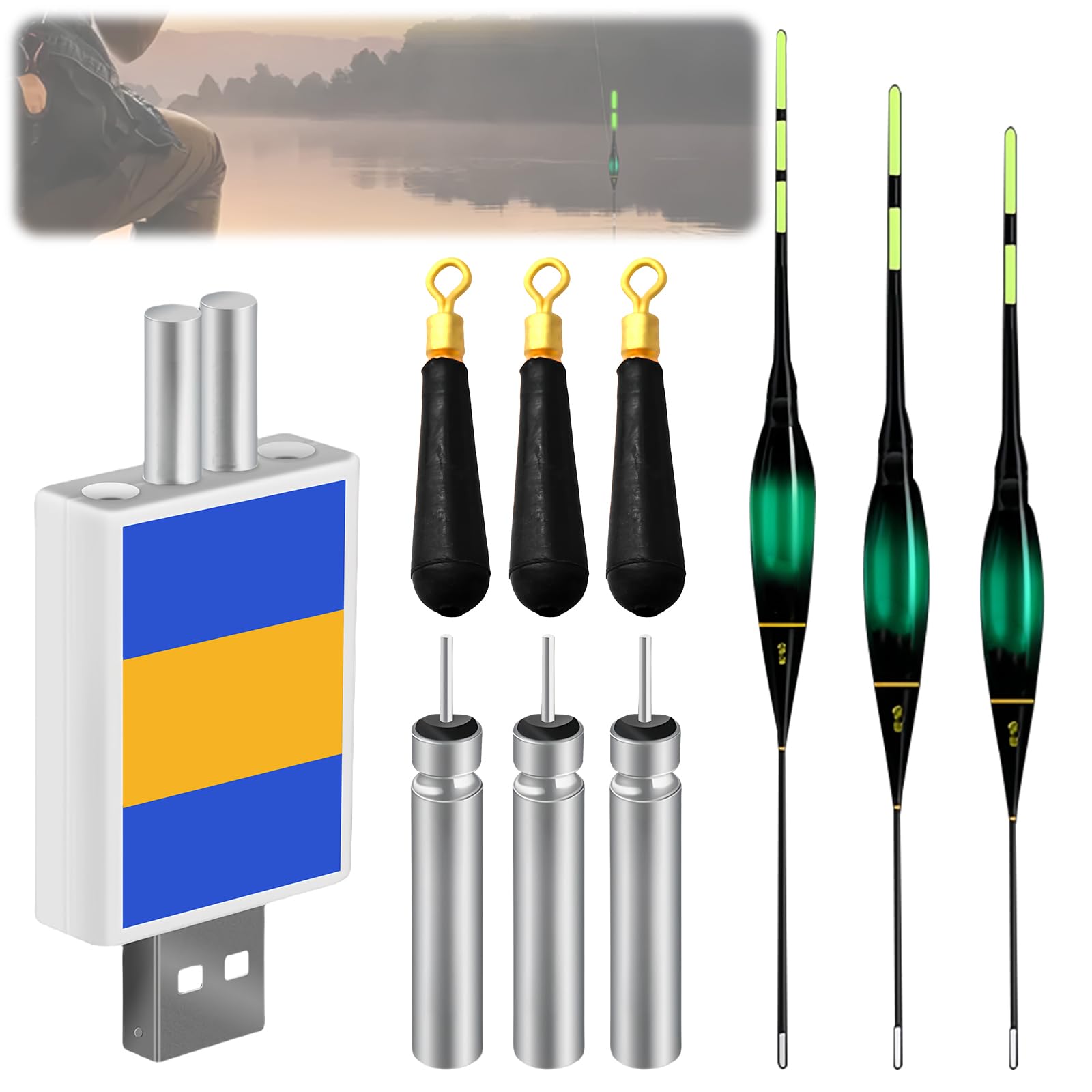 WIYETY Lot de 3 flotteurs de pêche à LED avec détection de gravité et base, décoloration du crochet de dentition, avec chargeur