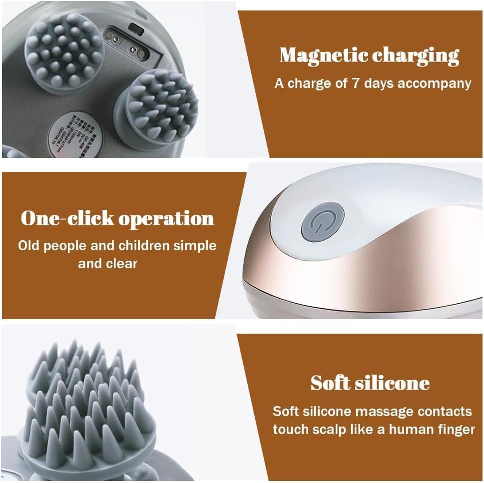 Image of Electric Scalp Massager, Cordless Head Massager Scalp with 3 Modes, Waterproof Rechargeable Electric Massager,Mini Kneading Cat Massager,Deep Scalp Stress Relax,Head with 4 Heads,Rechargeable-Golden