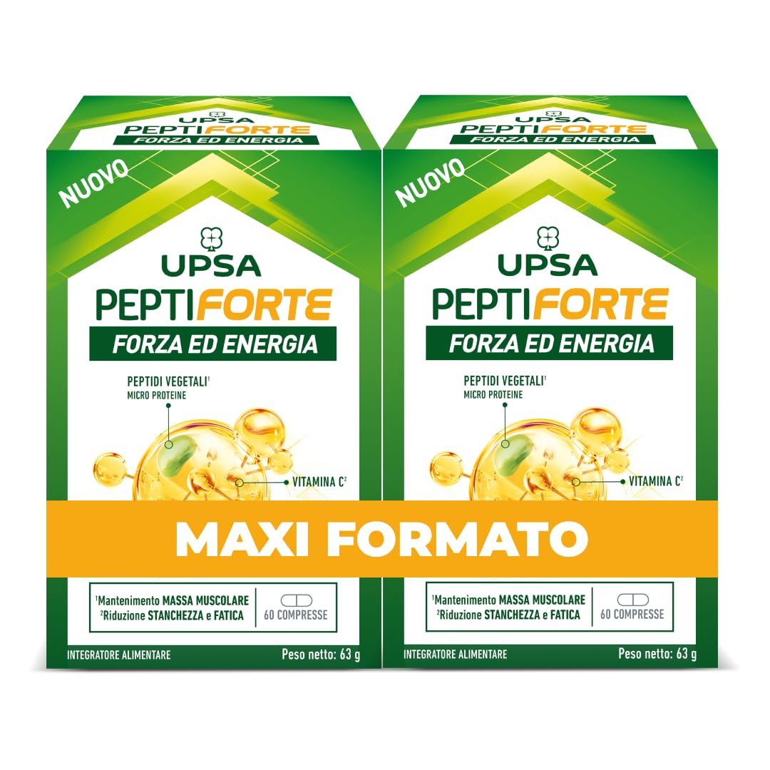 UPSA PeptiFORTE Forza ed Energia, 120 Compresse, Integratore Alimentare con Peptidi Vegetali e Vitamina C, Mantenimento della Massa Muscolare, Senza Glutine, Vegan, 2 Confezioni