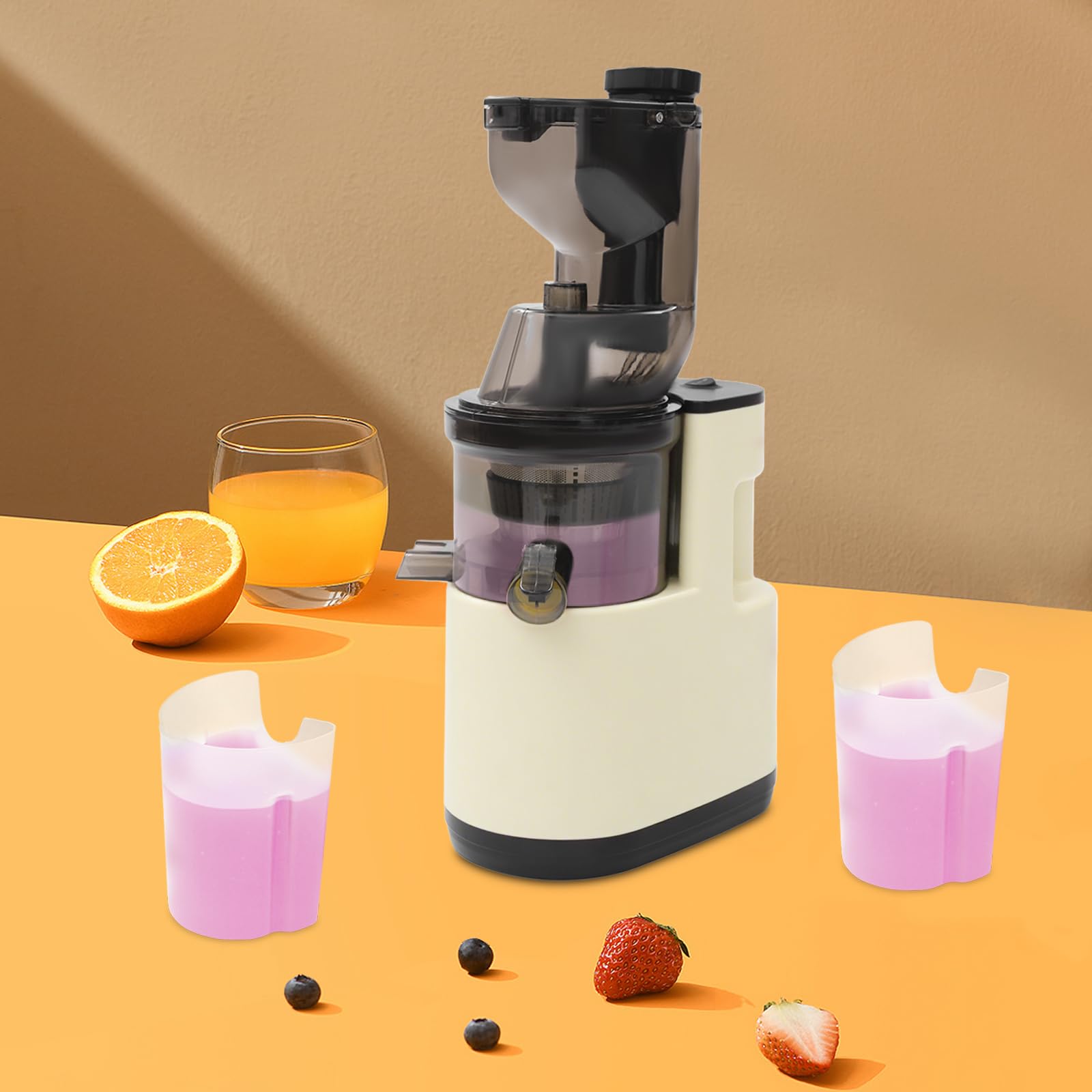 Exprimidor eléctrico, 500 W, exprimidor lento de frutas y verduras, batidos, negro/rojo/blanco, colador de acero inoxidable, apto para zumo y zumo, fácil de limpiar con el cepillo (blanco)