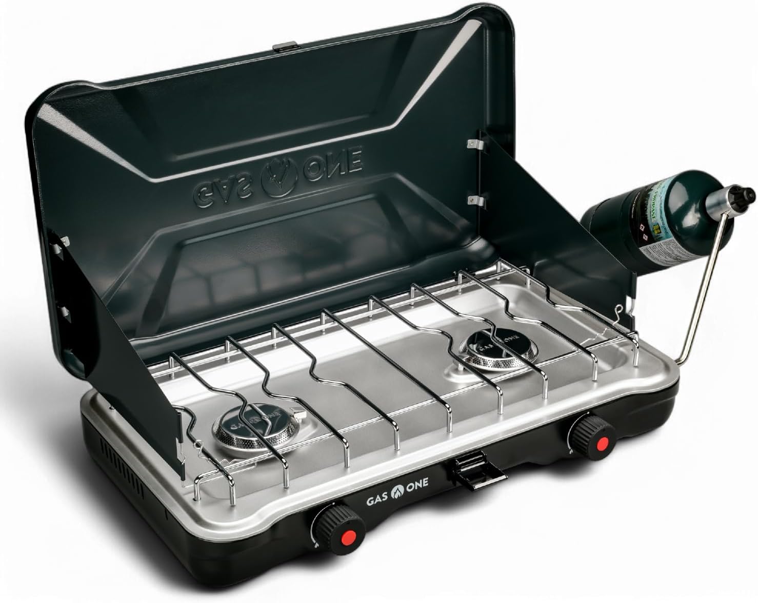 GasOne Portable Camping Stove – Double Propane Stove with Auto Twist Turn Ignition – 22,000 BTU Camping Cooktop with 2 Burners and Wind Guard – Ideal for Tailgating, Fishing, Travel