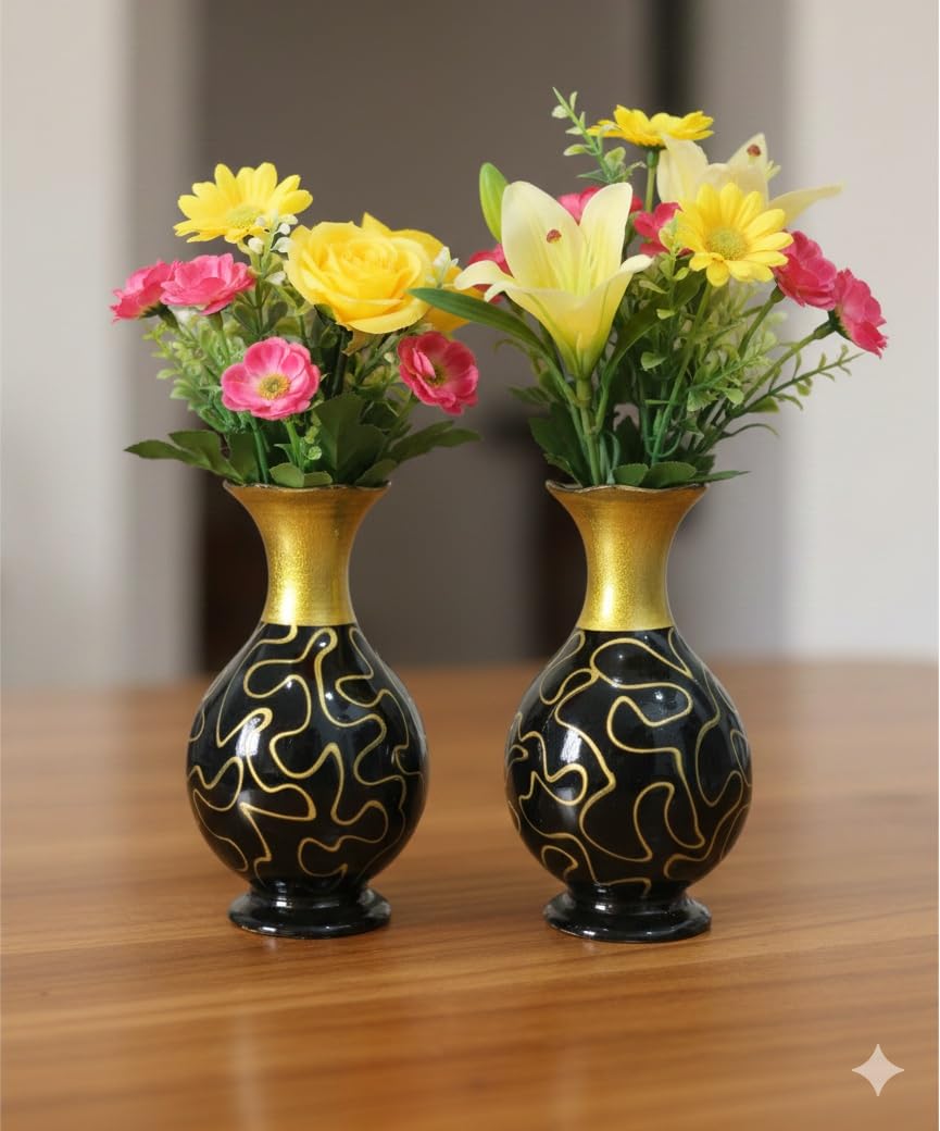 Decorative Flower Vases, 15 cm Black with Gold Pattern, Set of 2-image-31