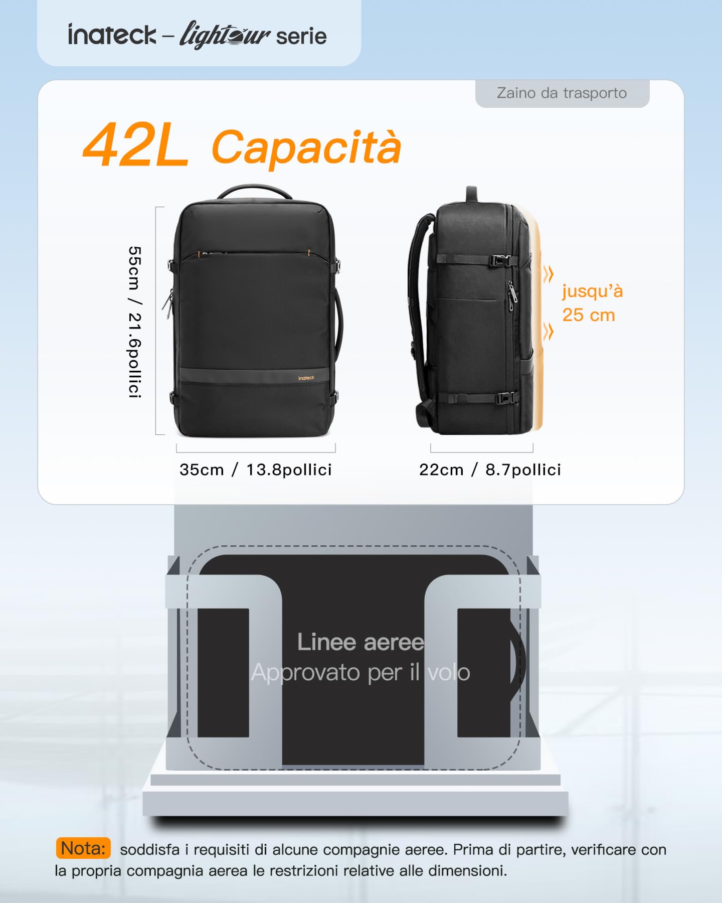 Inateck Zaino Viaggio 42L, Bagaglio a Mano, Borse da Cabina Resistente agli Schizzi, per Uomo e Donna, Compatibile con 15,6 Pollici PC, Nero