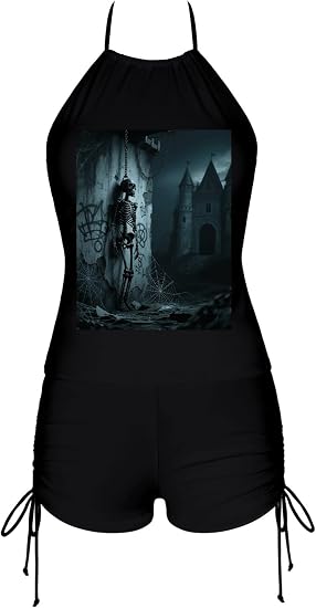 MUSM Women's 2 Piece Swimsuits Halter Tops with High Waist Shorts Bathing Suit Horror Skull Bikini Sets