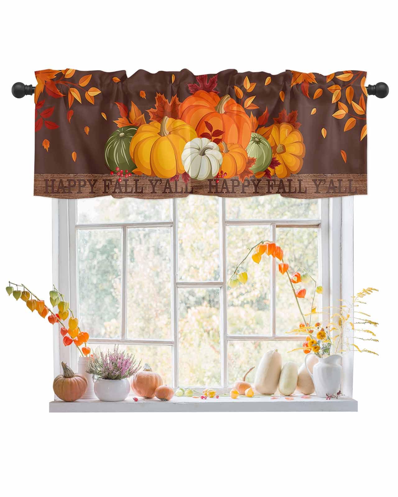 CosyBright Window Valance Light Filtering Window Treatment Thanksgiving Harvest Pumpkin Fall Rod Pocket Curtain Valance,54x18 inch Decorative Kitchen Valance for Bedroom Bathroom Cafe