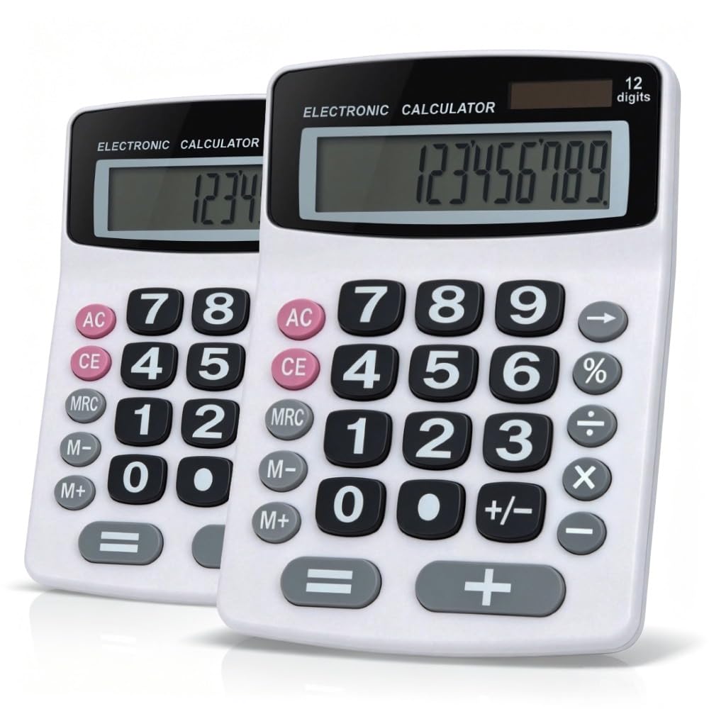 Lily' Home Jumbo 12 Digit, Solar Power, Large LCD Display - Desktop Calculator, Dual Power, Large Button Design, Battery Operation, Easy-to-Read Tilted, for Home, Office, School, Class & Business, 2PK