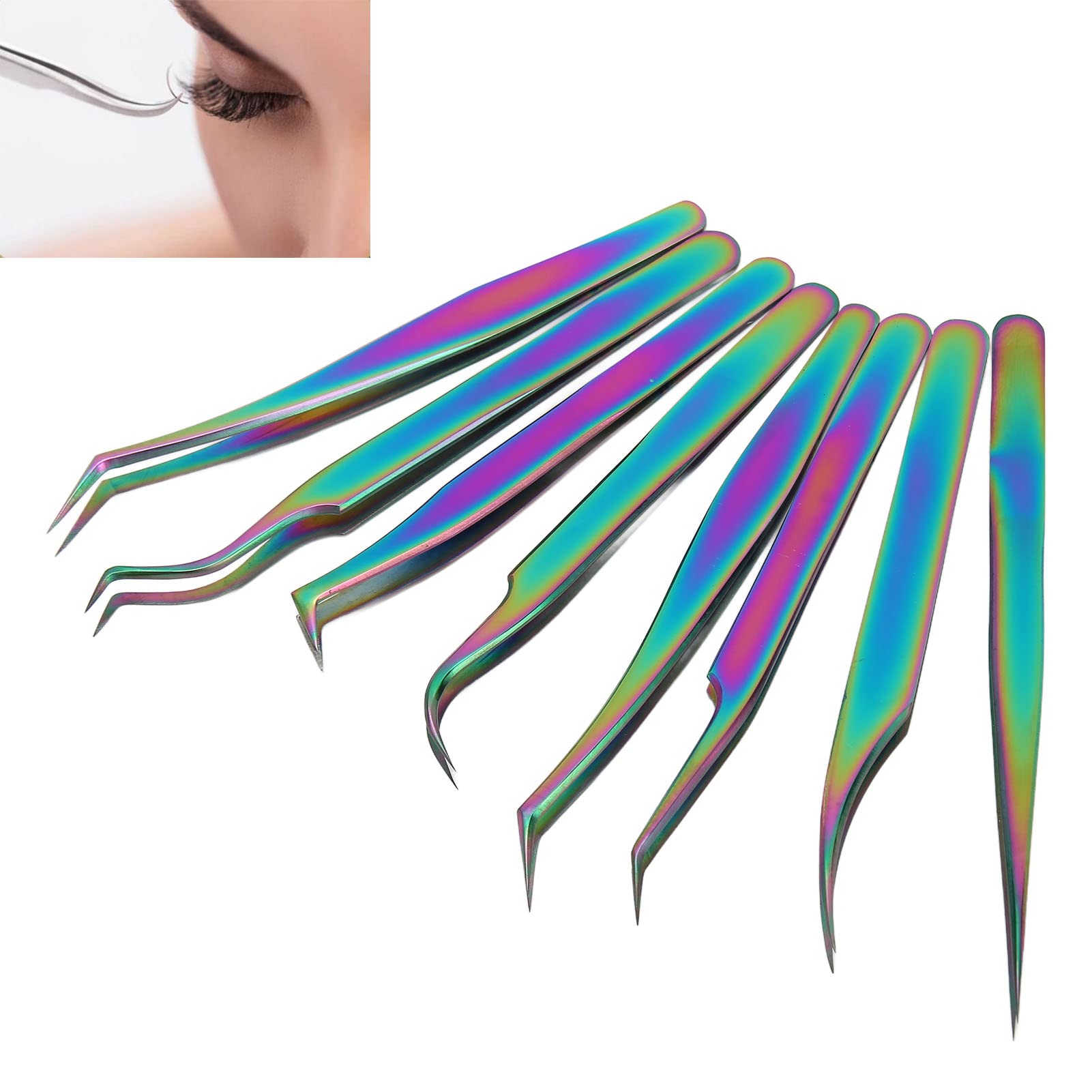 Juego de 8 pinzas de extensión de pestañas de acero inoxidable de alta dureza, diseño ergonómico, pinzas de pestañas profesionales para extensiones de pestañas y aplicación de