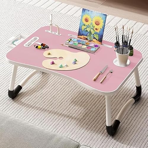Portable Foldable Laptop Bed Table with 3 Port USB, Storage Drawer and Cup Holder, Pink, Laptop Desk Stand Tray for Eating, Reading and Working