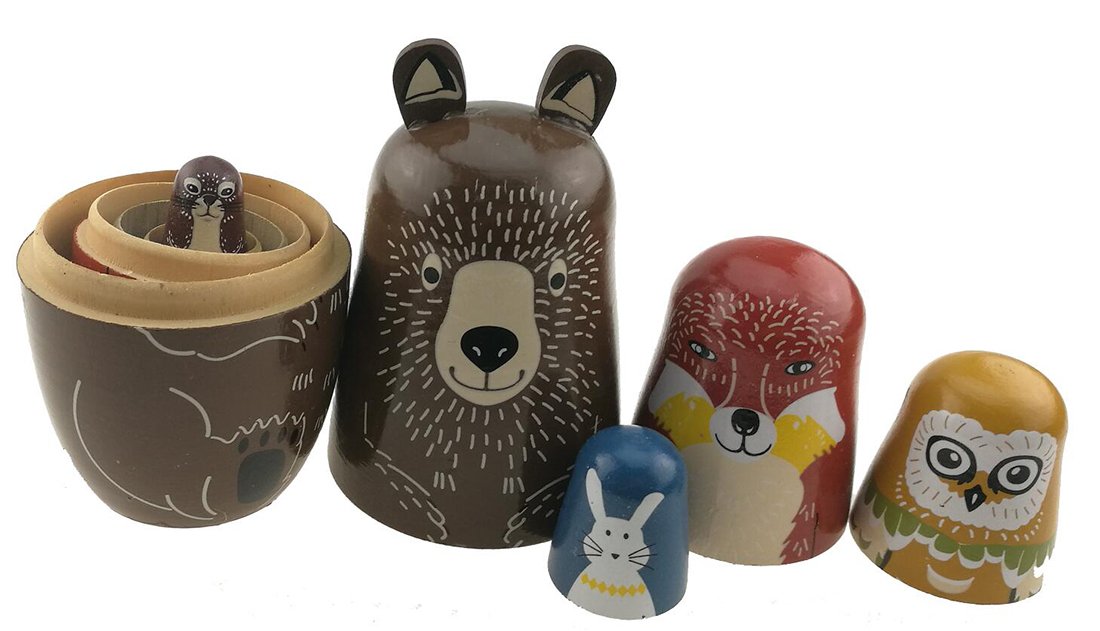 Winterworm - Set di 5 bambole russe lucide a tema animale, orso, volpe, gufo, coniglio, talpa, fatto a mano, per lo sviluppo di abilità