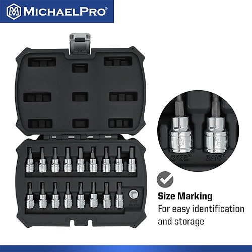 Miniatura 5 de MichaelPro Juego de llaves de vaso de 18 piezas de 38 pulgadas Torx y brocas hexagonales, SAE y métricas (532 pulgadas - 516 pulgadas, 0.157-0.315