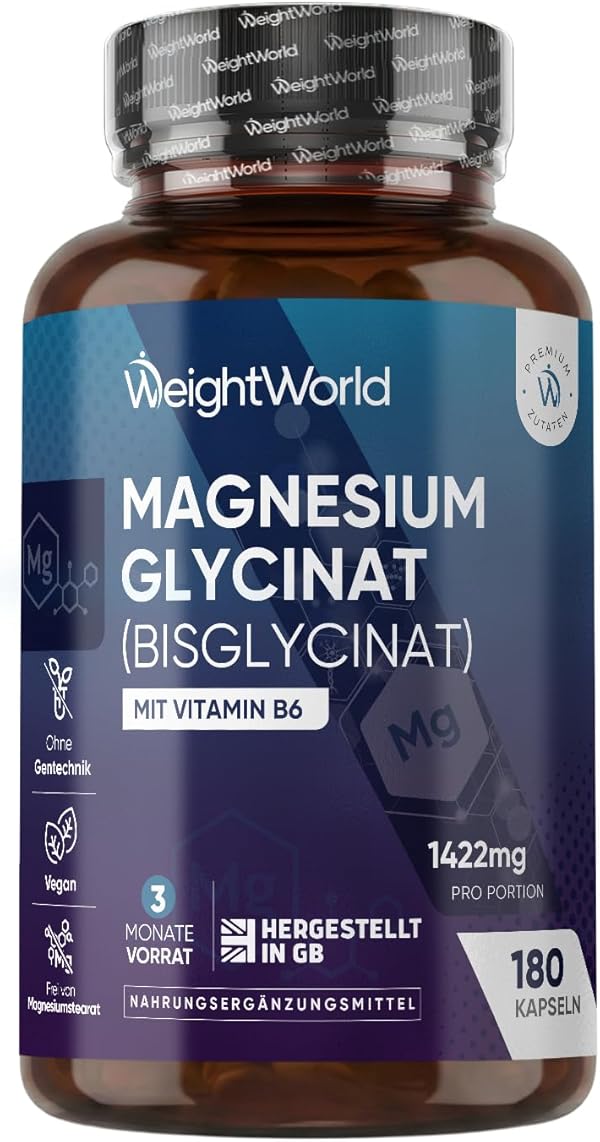 Magnesium Bisglycinat Kapseln - 1422mg Magnesiumbisglycinat mit Vitamin B6-200mg elementes Magnesium - Glycinat Form - 180 vegane Kapseln - 3 Monate Vorrat - Frei von Magnesiumstearat - WeightWorld