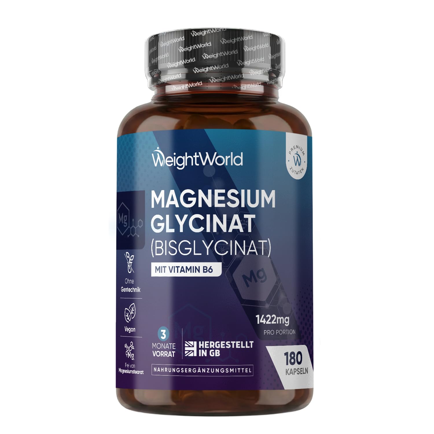 Magnesium Bisglycinat Kapseln - 1422mg Magnesiumbisglycinat mit Vitamin B6-200mg elementes Magnesium - Glycinat Form - 180 vegane Kapseln - 3 Monate Vorrat - Frei von Magnesiumstearat - WeightWorld