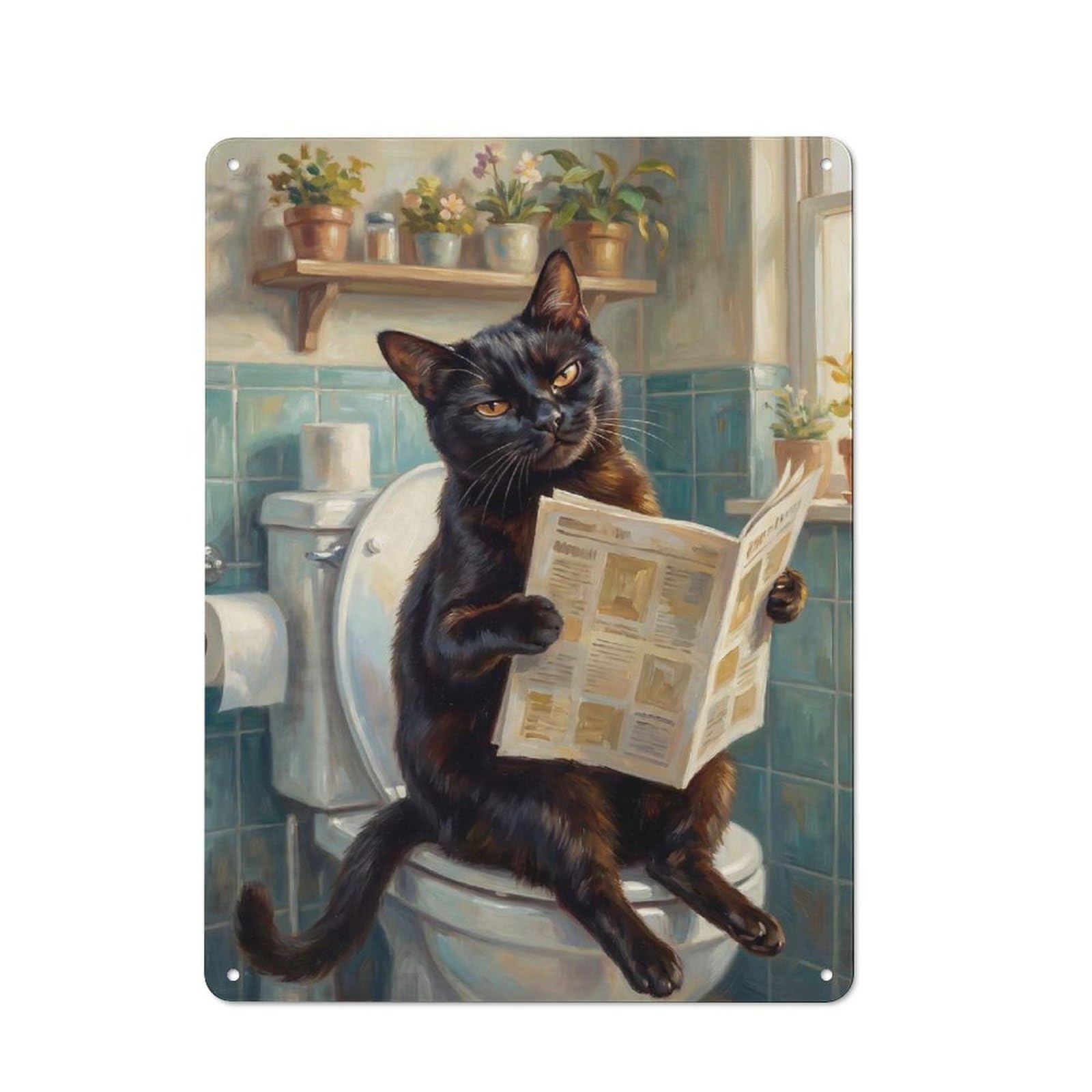 Junmoney Style-9 Kitchen Metal Sign With Black Cat Reading Newspaper On Toilet Design 40X30cm, Cosy Kitchen Wall Decor For Coffee Bar, Kitchen, Bistro Or Tea Corner
