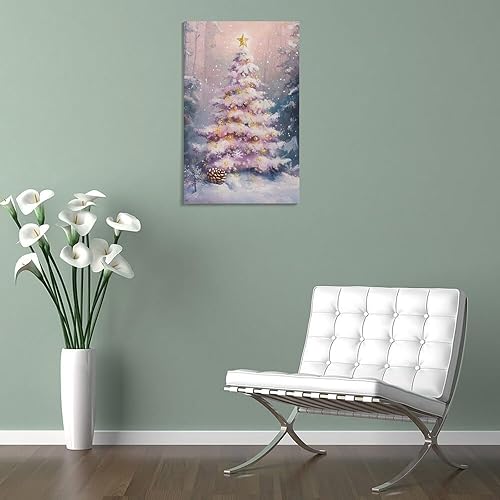 Miniatura 5 de Arte De Pared En Lienzo Para Árbol De Navidad Rosa, Árbol Nevado Rosa Con Estrella Para Decoración Navideña, Impresión De Árboles De Navidad Pastel