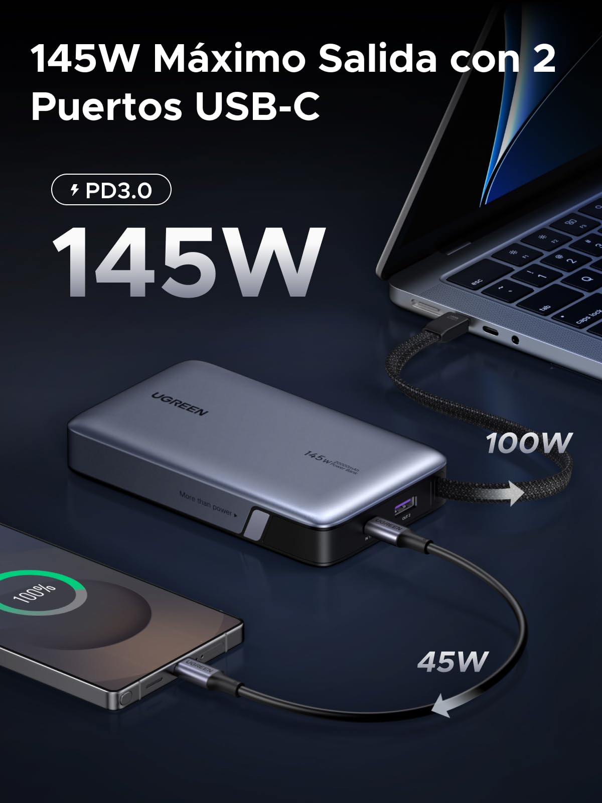 UGREEN Nexode 145W Power Bank 20000mAh Batería Externa Carga Rápida PD3.0 100W Cable USB C Integrado Cargador Portátil PC LED Compatible con iPhone 17 16 15 Plus Pro MAX Galaxy S25 S24 MacBook iPad