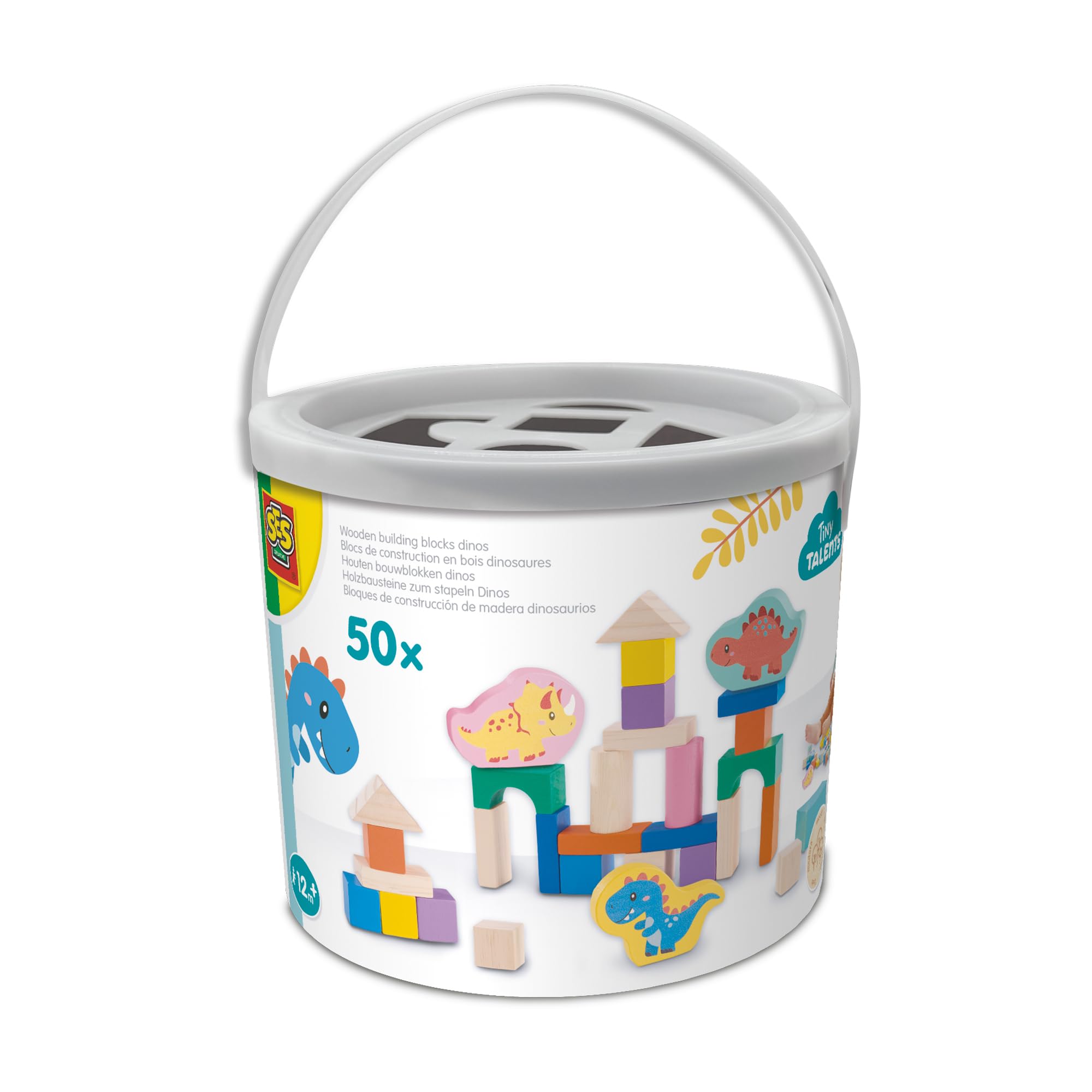 SES Creative 13204 Wooden Building Blocks Dino - 50pcs in Bucket - Creative Building Set for Kids Aged 12 Months+ - Includes 47 Wooden Blocks and 3 Printed Dinosaur Figures