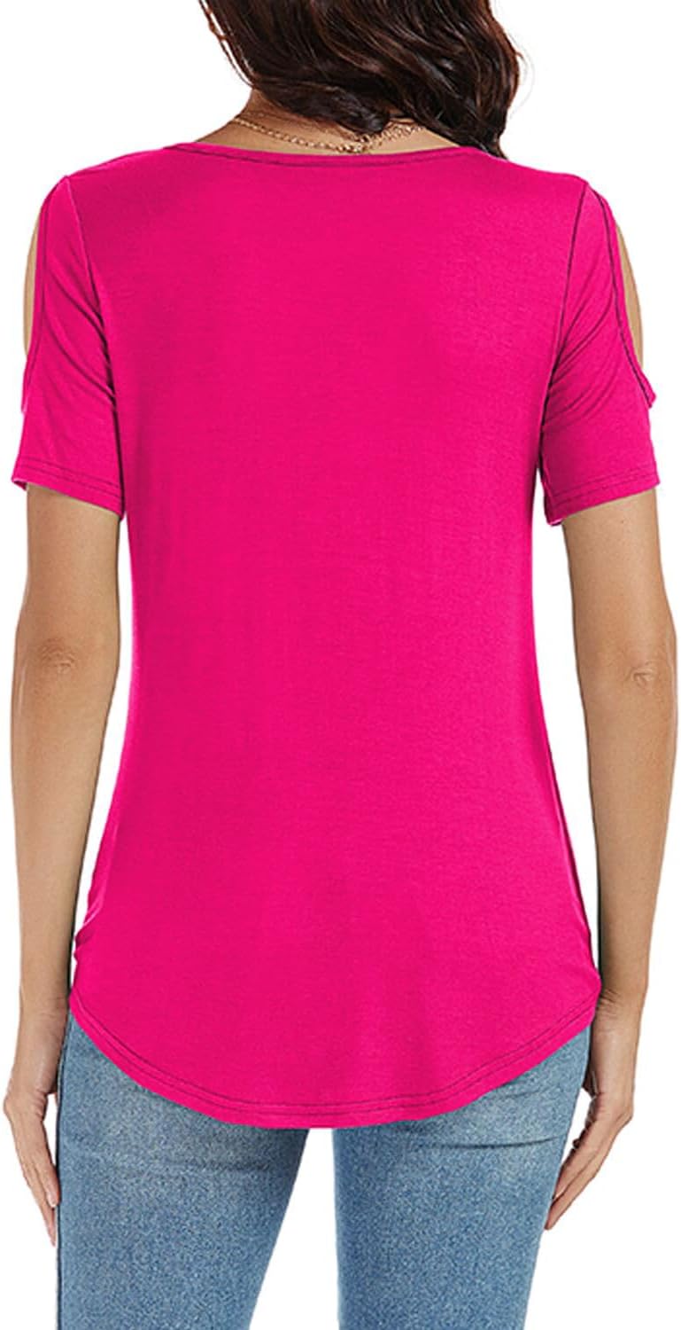LEIYEE Womens Summer Cold Shoulder Tops Sexy Casual Short Sleeve Wrap V Neck T Shirts Cute Loose Fit Blouse - Image 2
