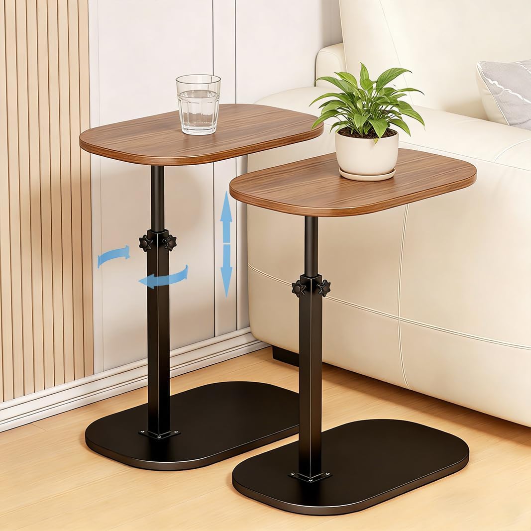 2 Set Pedestal Adjustable c Table for Small Spaces，C Shaped End Table Desktop can Turn 360° and The Height of The Sofa Small TV Tray Table Can be Adjusted for Couch