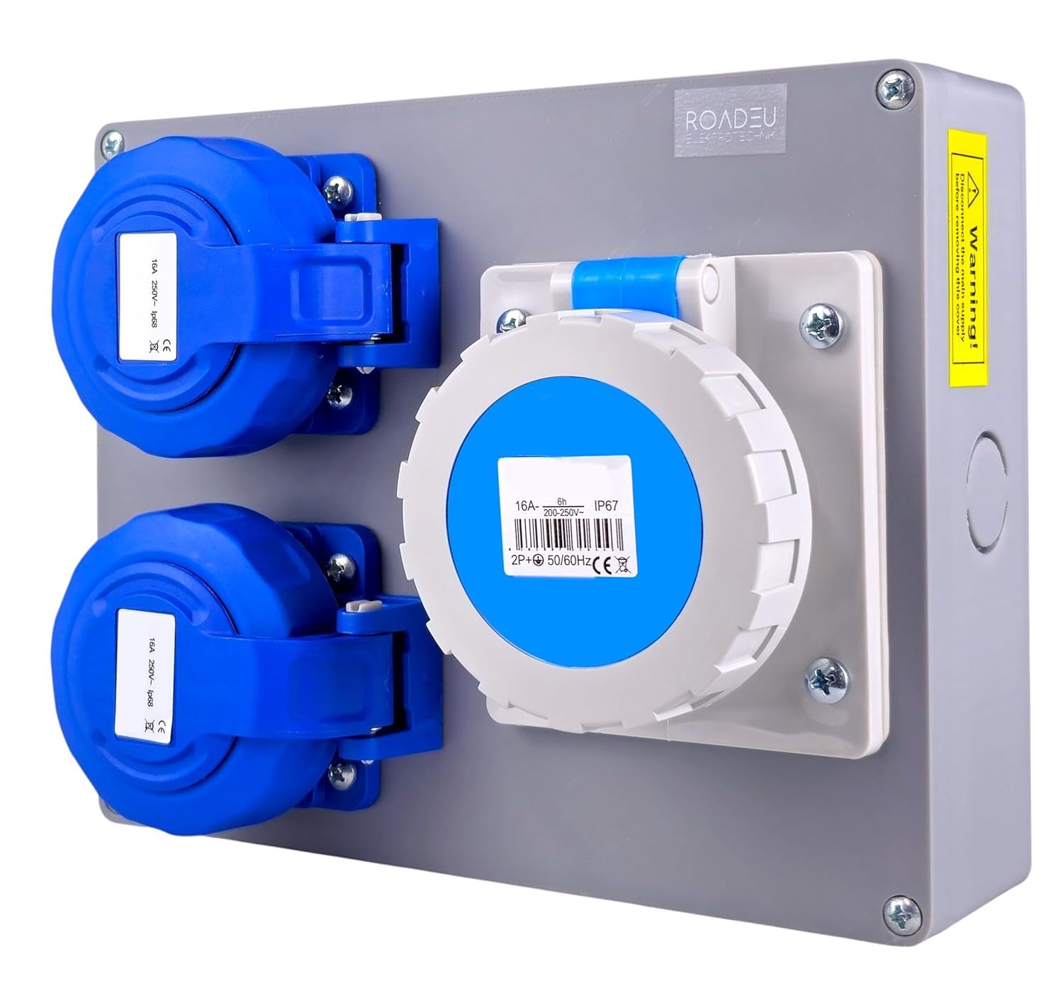 RoadEu – Quadro di Distribuzione Stagno IP67 | 2x Presa Schuko 230V + 1x Presa Industriale CEE 16A 3P | Scatola da Parete Pre-cablata 2,5 mm² per Esterno e Cantiere