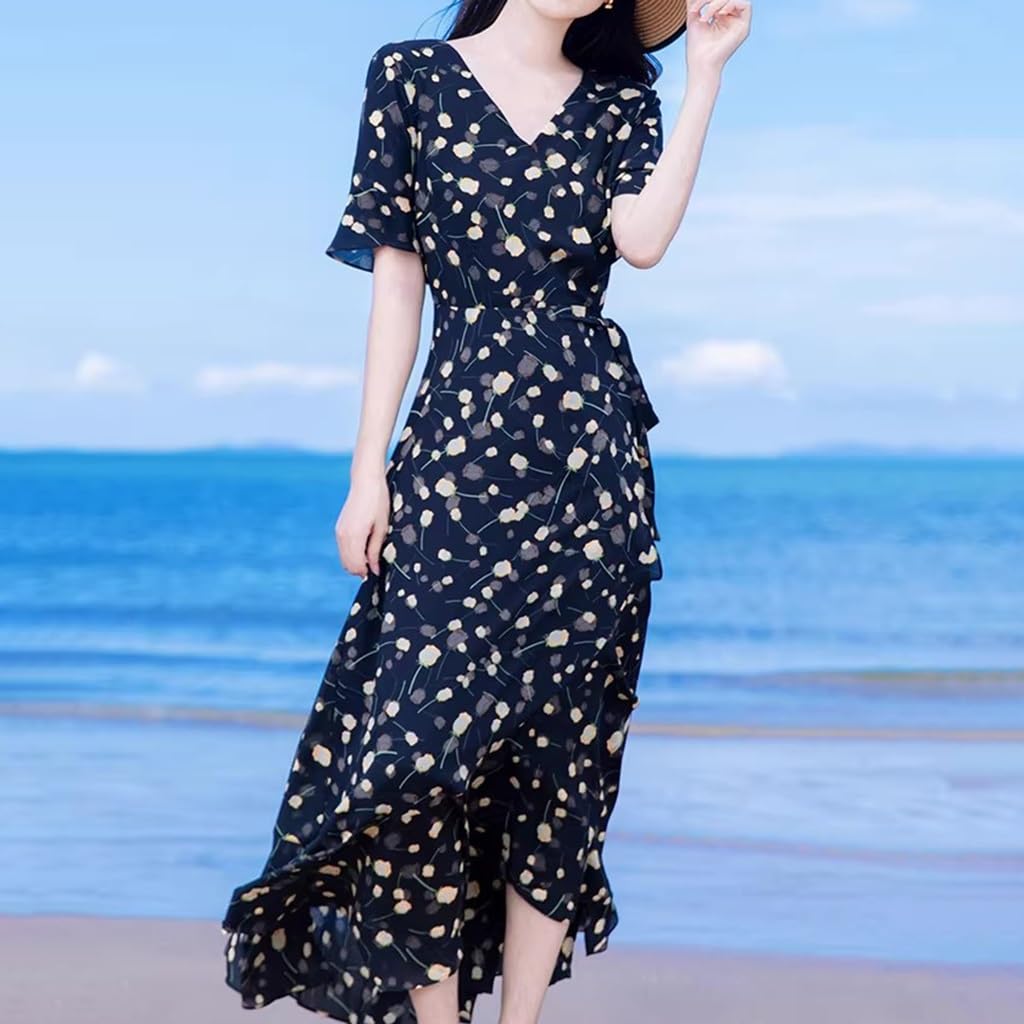 Elegante Abito Estivo con Stampa Floreale, Abito da Spiaggia Casual Irregolare per Le Vacanze, Scollo A V Design