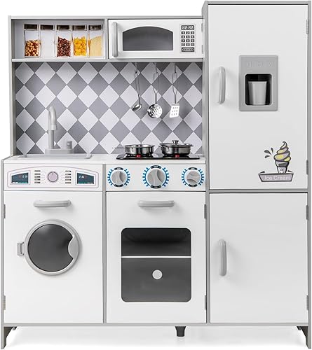 Costzon Juego de cocina para niños, juego de cocina de juguete de madera con máquina de hielo, grifo, fregadero, accesorios, juguete de cocina para
