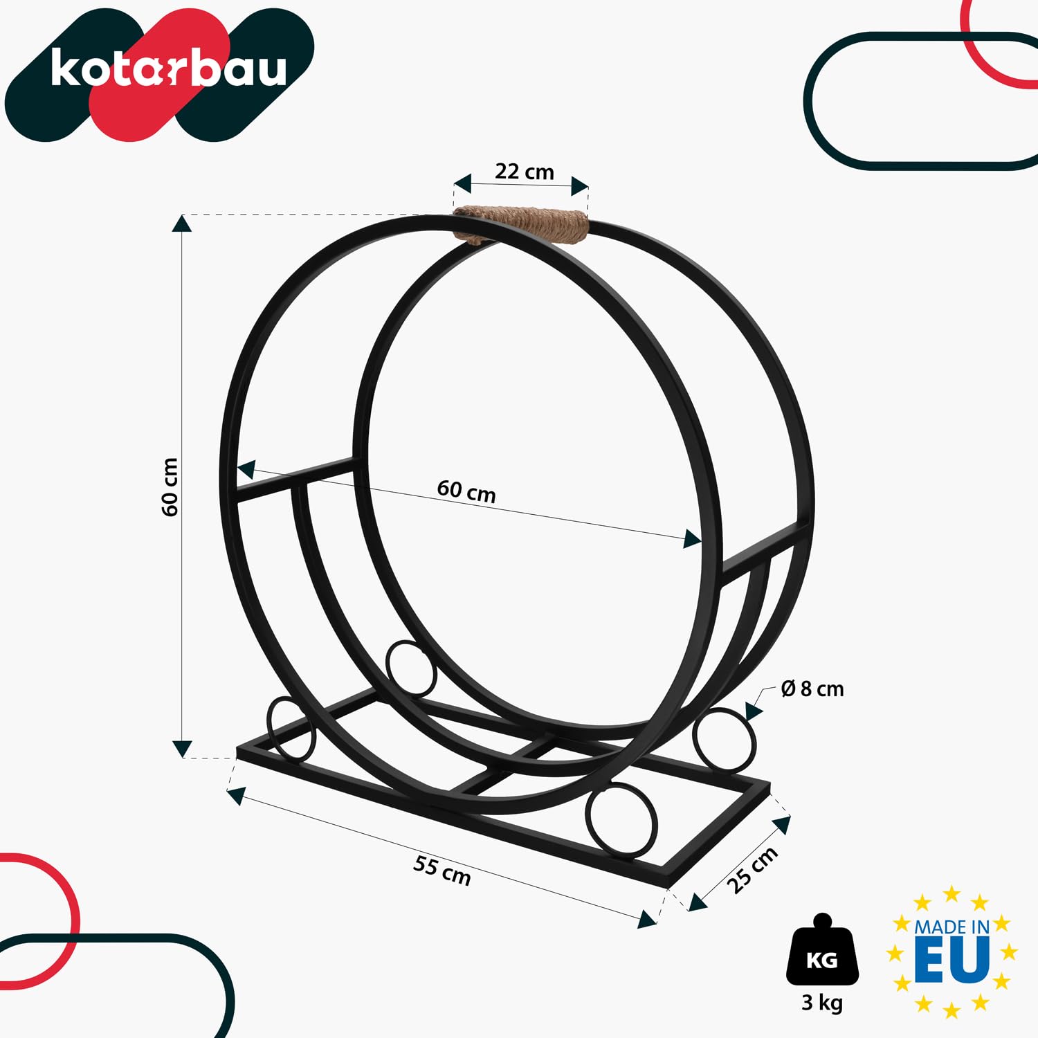 KOTARBAU® Holzkorb für Kaminholz - 55 x 25 x 60 cm - Kaminholzregal für innen & außen - Rund - ⌀ 60 cm - Holz Tragekorb - mit Griff - Metall Korb für Kaminholz - Dekorativ - Stahl - Schwarz