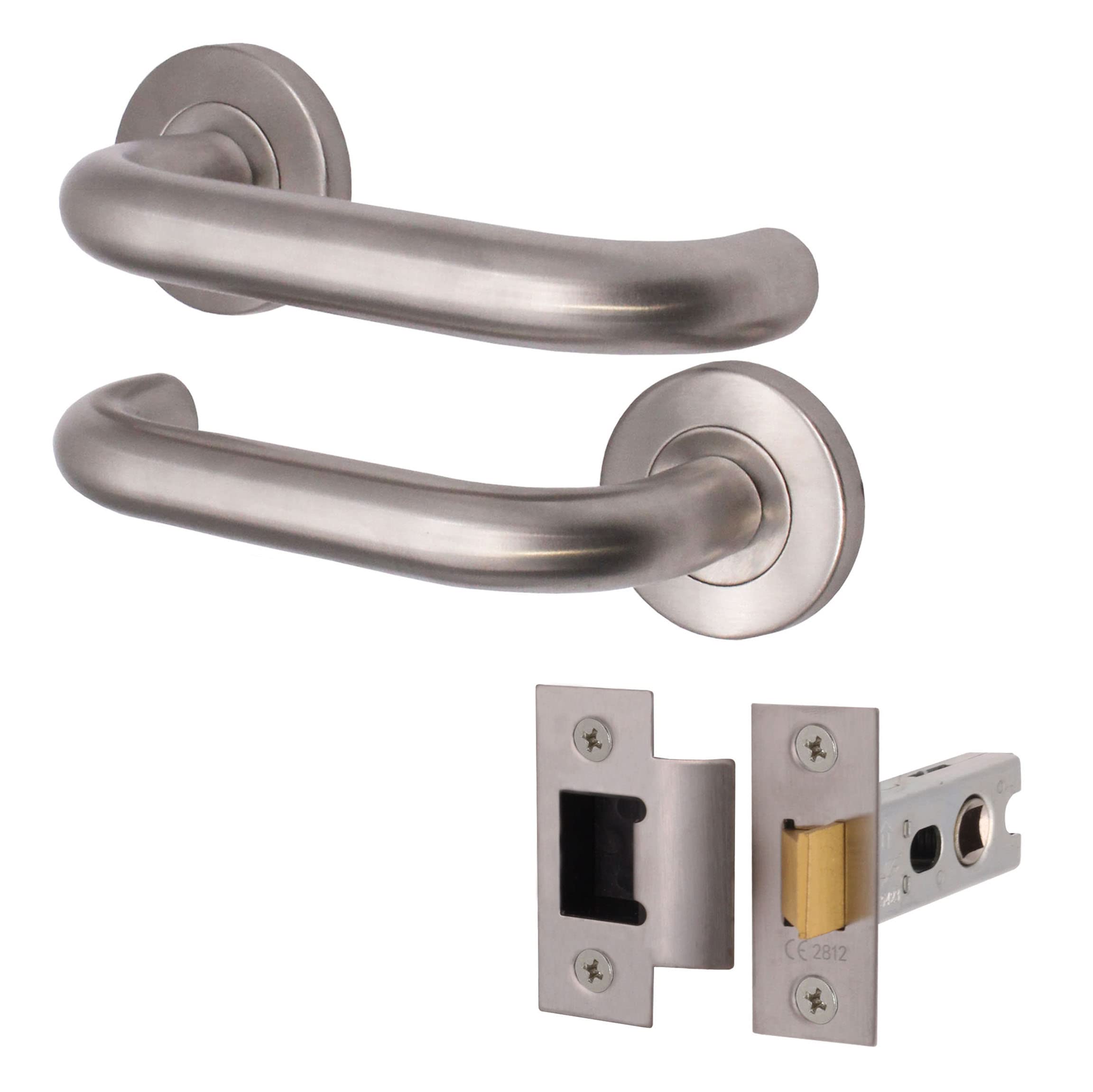 EAI Return to Door Lever on Rose Handle Hinges & Latch Kit – Satin Stainless Steel - 76mm Latch - 76mm Hinge