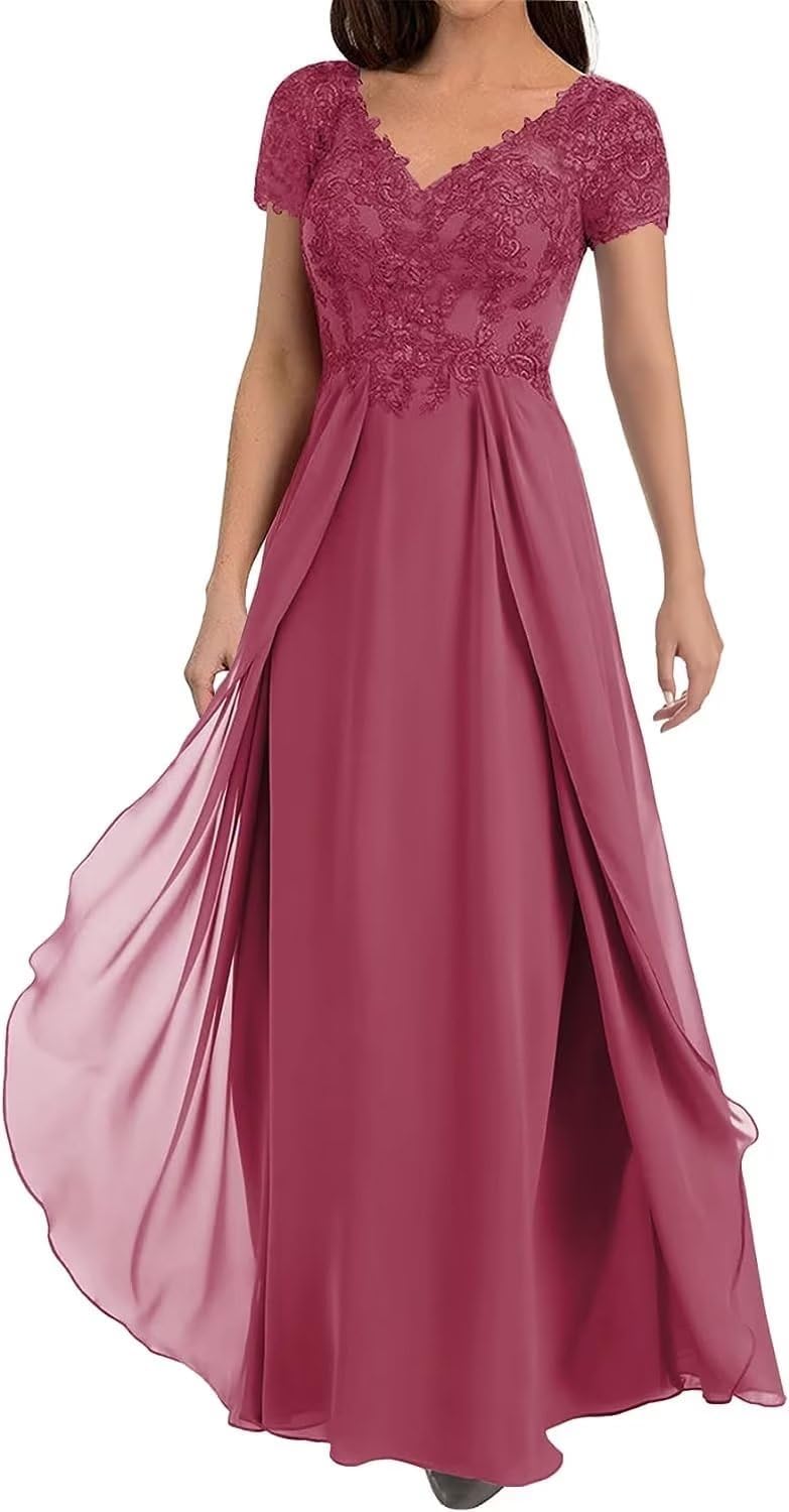 Mother of The Bride Dresses for Wedding Lace Appliques Prom Formal Evening Dress V Neck Chiffon Wedding Guest Dresses