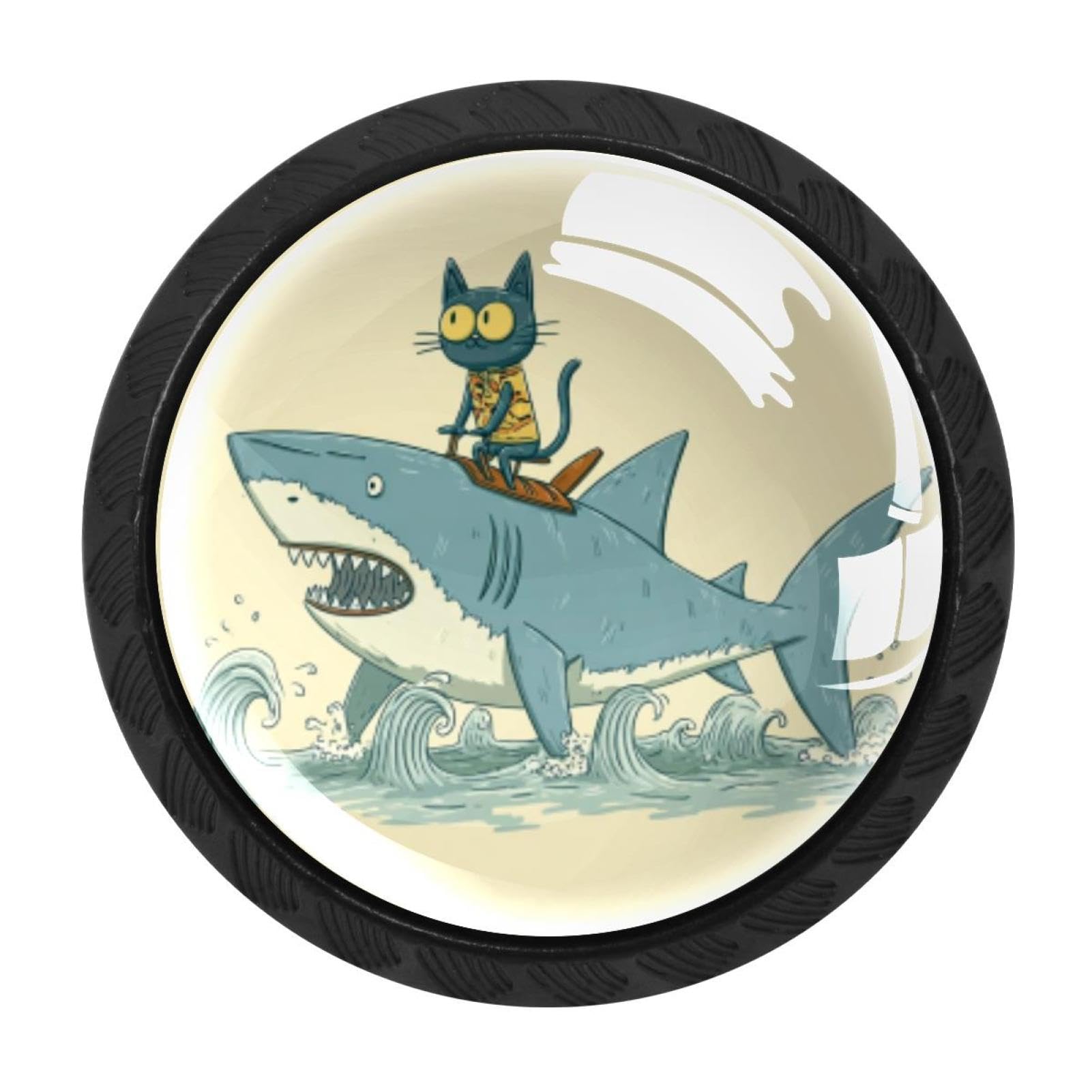 CHENZZZZ 4 Pack Round Cabinet Knobs for Kitchen Bathroom Closet Dresser Cabinets, Funny Cat Riding Shark Ocean (7)