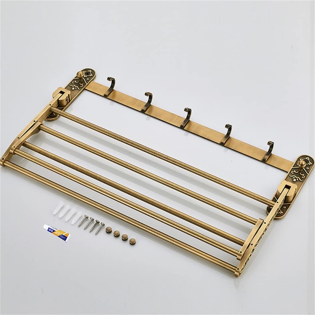 Nail Free Foldable Antique Brass Bath Towel Rack Active Bathroom Holder Shelf with Hooks Accessories