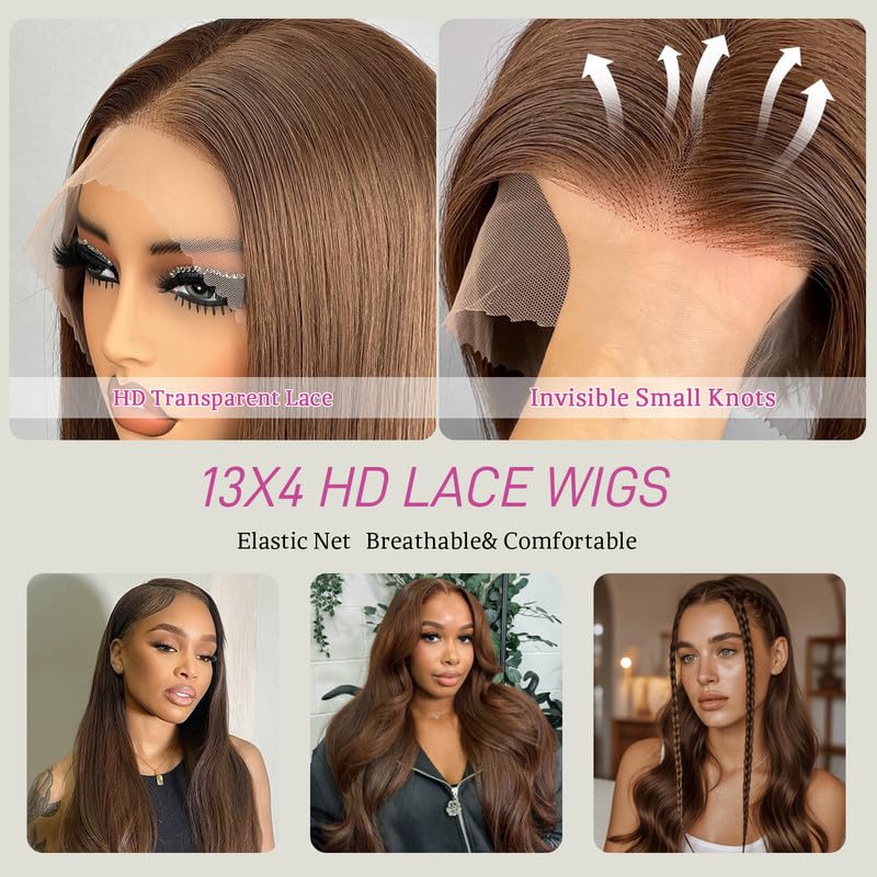 Chocolate Brown Human Hair Wig 13X4 Straight Lace Front Wigs Human Hair 180 Density HD Frontal Wigs Pre Plucked Glueless Brown Lace Front Wig for Women 26 Inch