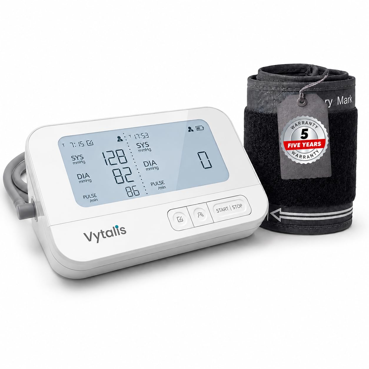 upper arm blood pressure monitor with dual display | 5 year warranty, rechargeable li-ion battery, voice feature, backlit led display, pulse rate monitor