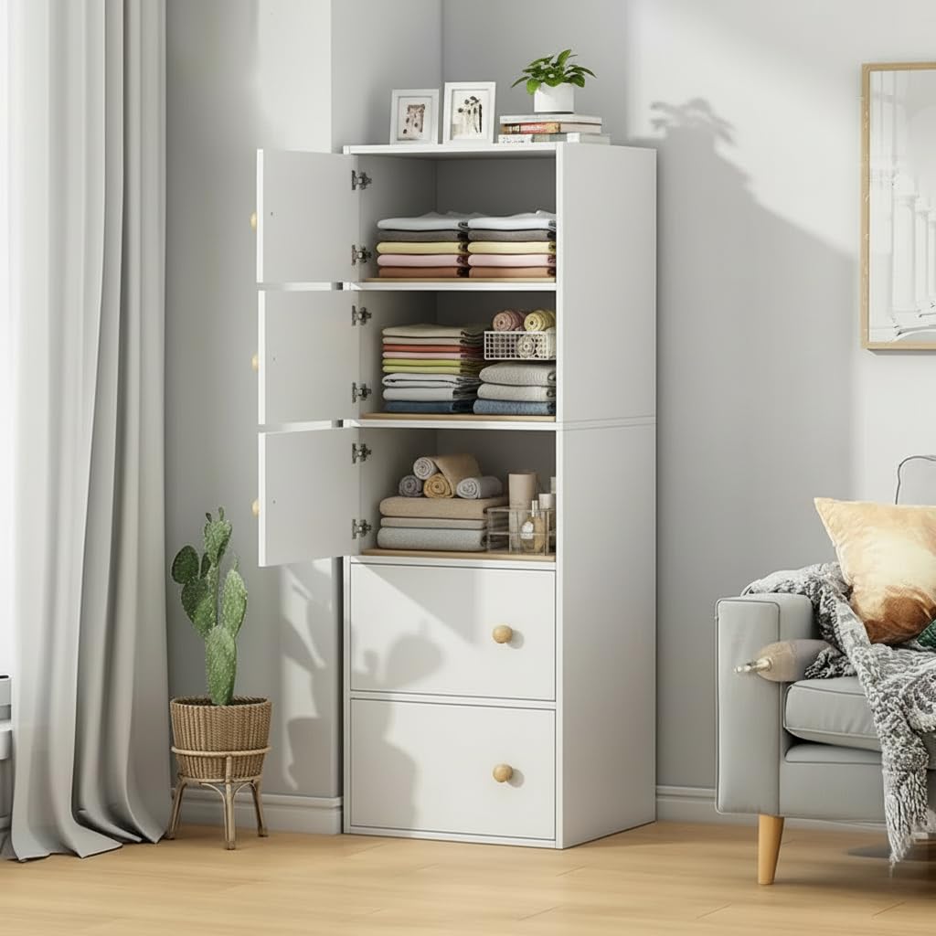 5 Door Premium Wooden Multi-Door Wardrobe Cabinet with Shelves | Space Saving Clothes Organizer Almirah for Bedroom, Living Room & Kids Room | Elegant Storage Almirah for Bedroom - White