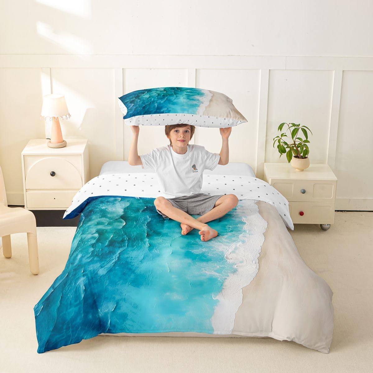 Erosebridal Ocean Beach Toddler Comforter Cover for Kids Adults - Summer Coastal Nature Bedding Set Beachy Room Decor Duvet Cover,Nautical Hawaiian Sea Wave Bed Set