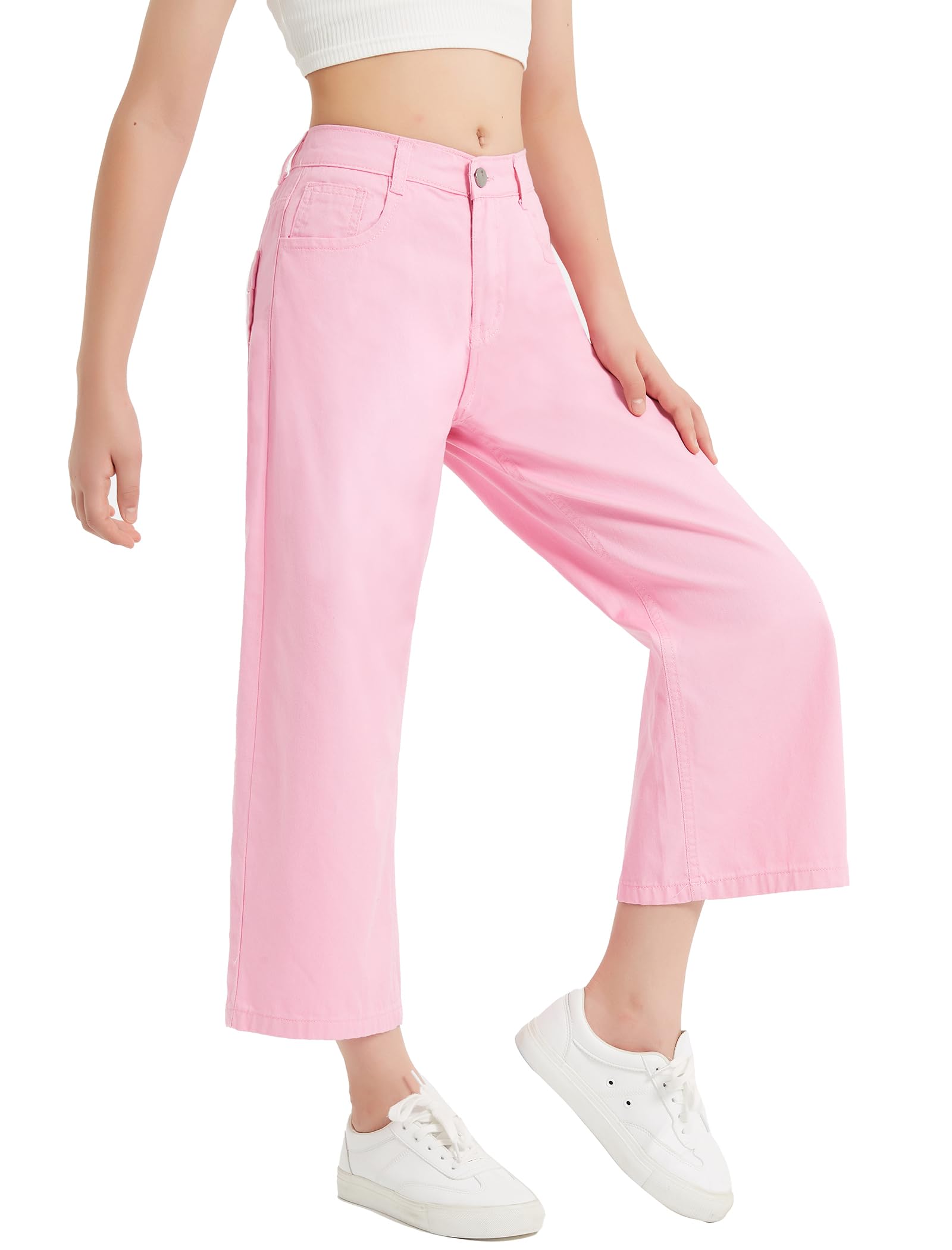 EXARUS Jeans holgados de pierna ancha para niñas, pantalones de mezclilla para adolescentes, cintura media, banda elástica con bolsillos, ropa casual