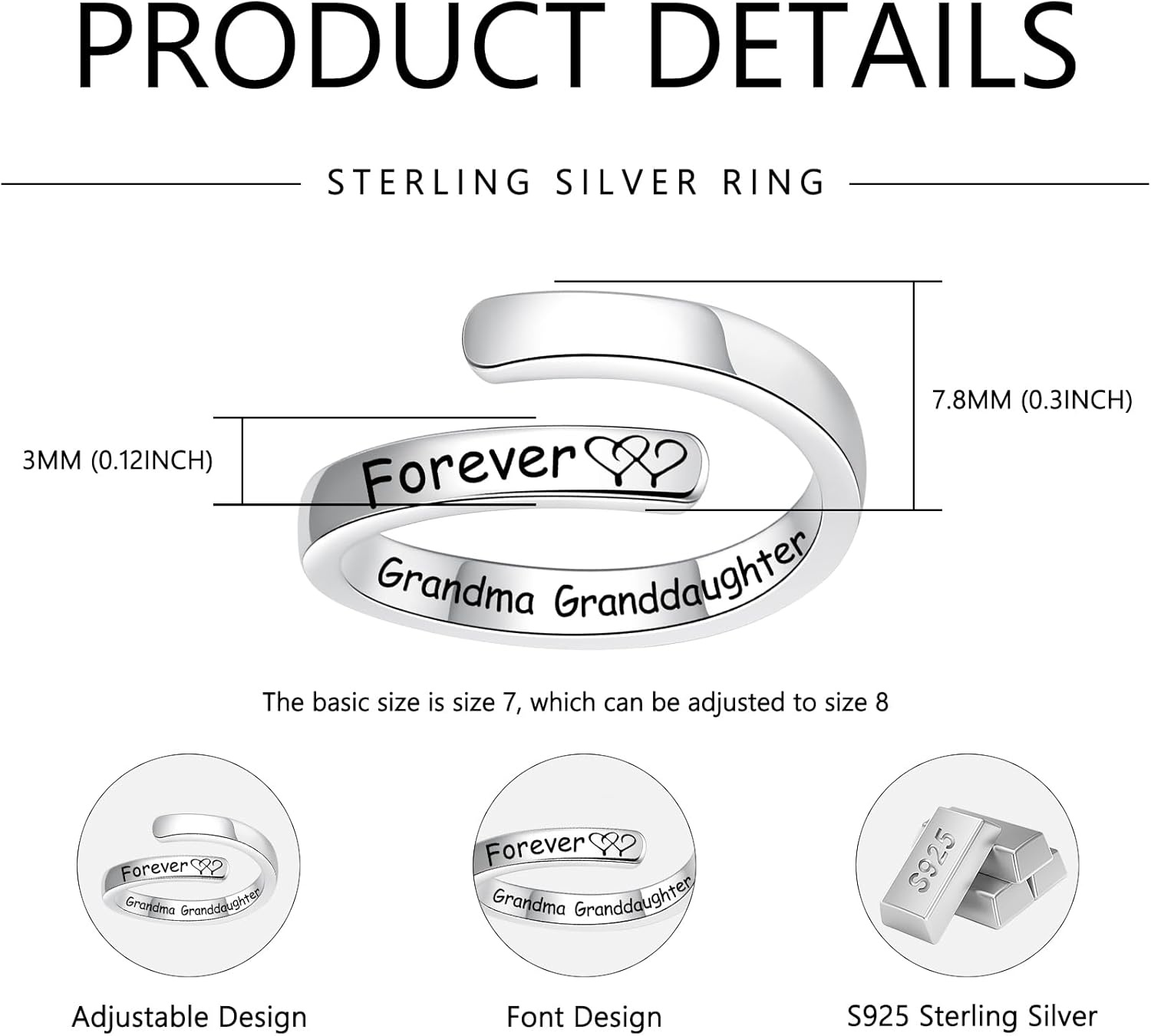 Silver Adjustable Ring Inspirational Jewelry S925 Sterling Wrap Open Ring for Women