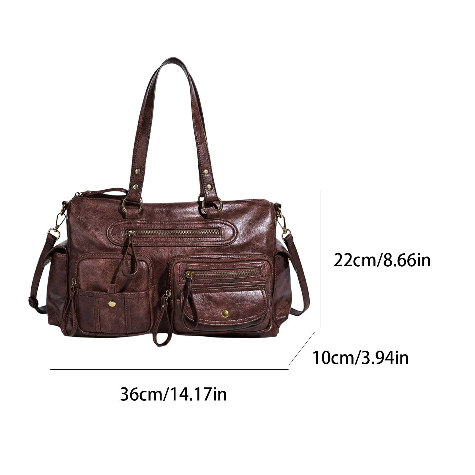 Borsa tote retrò in pelle PU anni '90 tasche multiple maniglia superiore borsa a tracolla per le donne casual e uso ufficio, Marrone scuro, 2 pezzi, 480.00x260.00x220.00mm/18.9x10.24x8.66inch