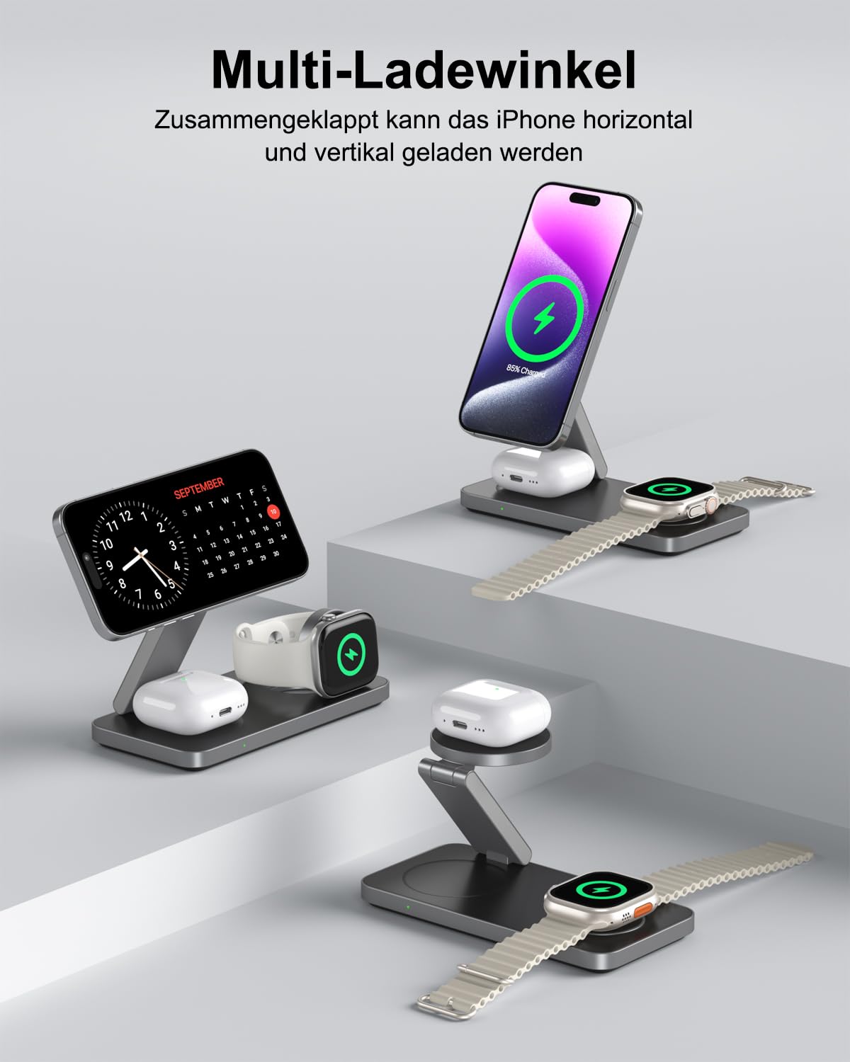 Kabelloses Ladegerät mit MagSafe, 3 in 1 Ladestation für Apple Faltbar Induktive Wireless Charger für iPhone 17e/17/16/15/14/13/12/Air, Apple Watch 10/9/8/7/6/SE/5/4/3/, AirPods Pro