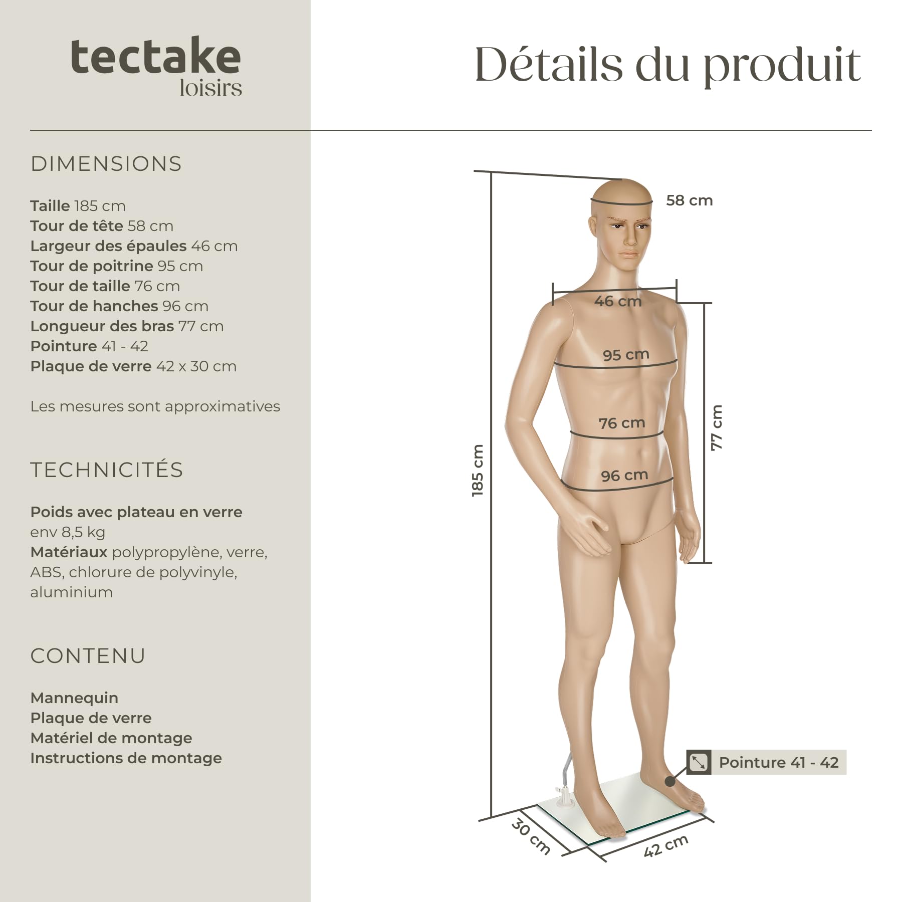 tectake® Mannequin de vitrine Mannequin Homme démontable | Pivotable et Mobile | Pied en Verre avec Attaches pour Les Mollets