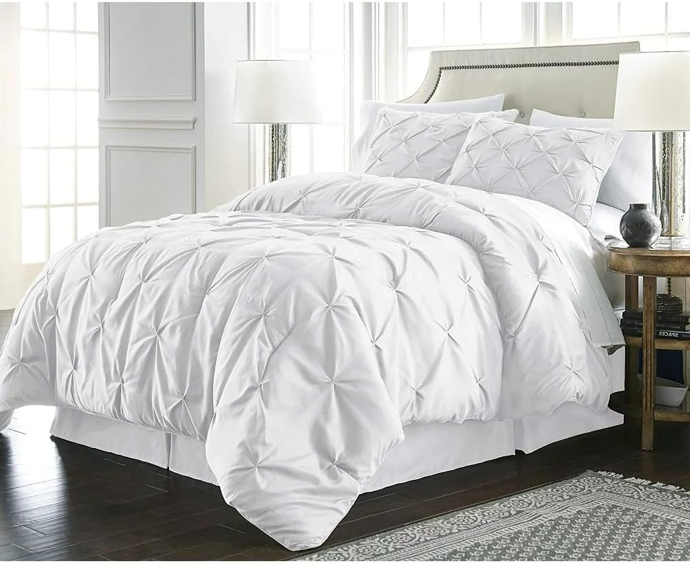 TRP 3 Piece Luxury Lightweight Pinch Pleated Pintuck Fluffy Comforter Queen Size | Bright White Color All Seasons Aesthetic Bedding Soft Plush Texture Warm Cozy