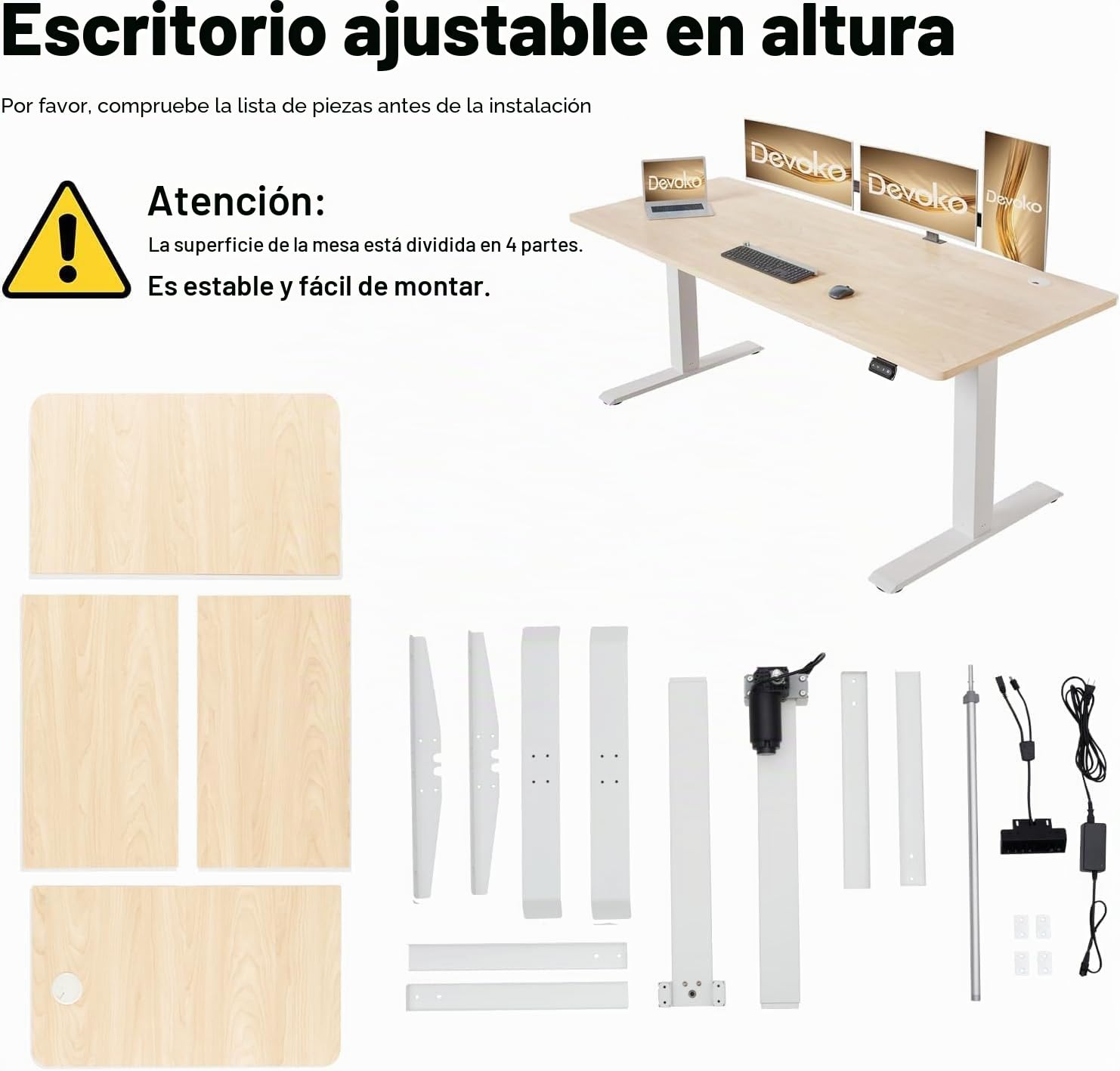 DevokoEscritorio de altura regulable eléctrica, 160 x 70 cm, bandeja para cables, estabilidad de pie, 2 funciones