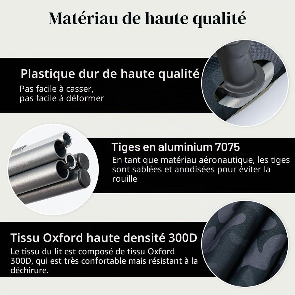 TOMOUNT Lit de camp ultra léger 190 x 70 cm en aluminium - Chaise de camping compacte facile à construire - Lit de camping résistant pour tente, randonnée en plein air, voyage, plage - Noir camouflage