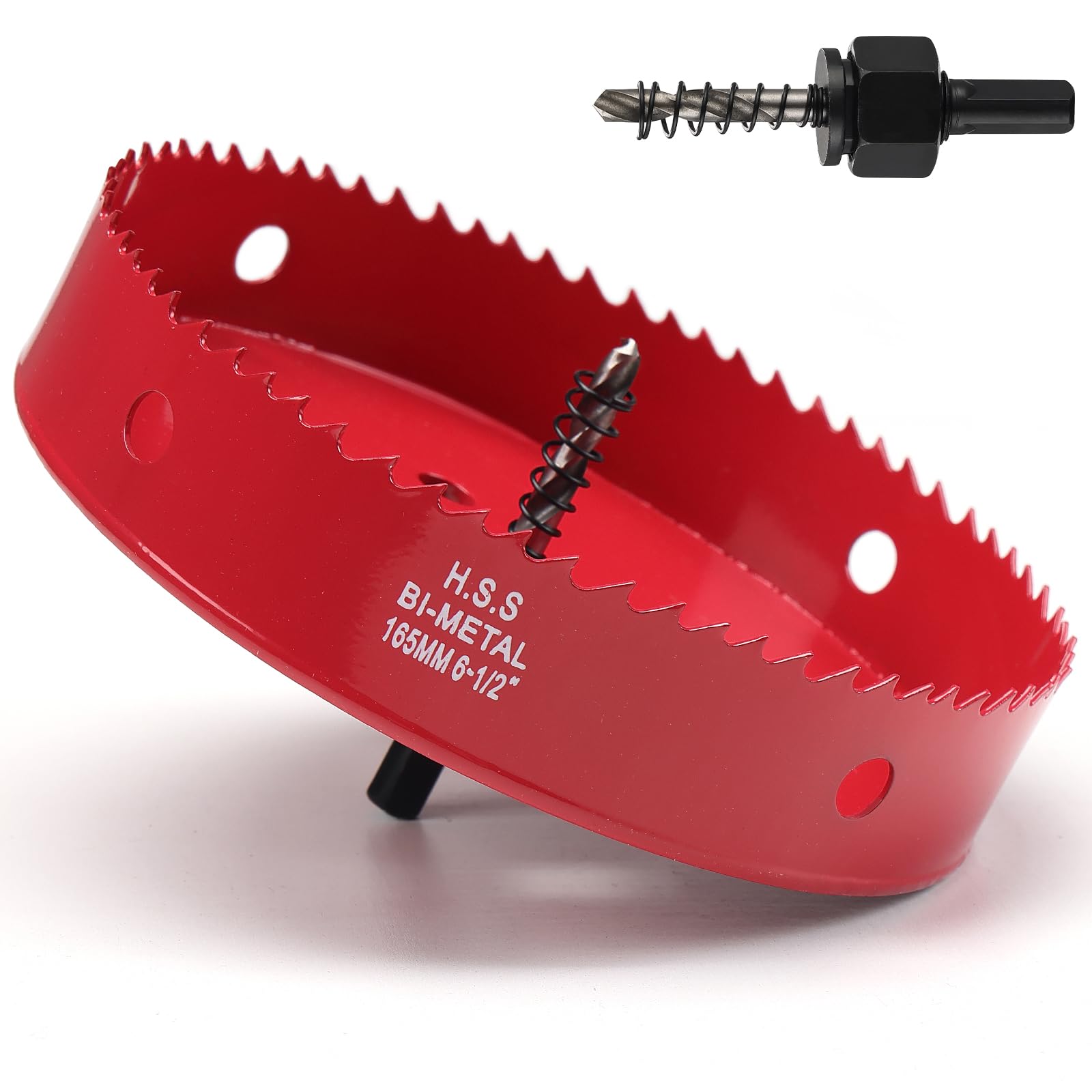 6-1/2 Inch Hole Saw for Wood, 165mm HSS BI-Metal Hole Saw for Recessed Lighting, 35mm Cutting Depth Hole Cutter with Hex Shank Drill Bit Adapter for Cornhole Boards Plastic Drywall Fiberboard, Red โ image 1